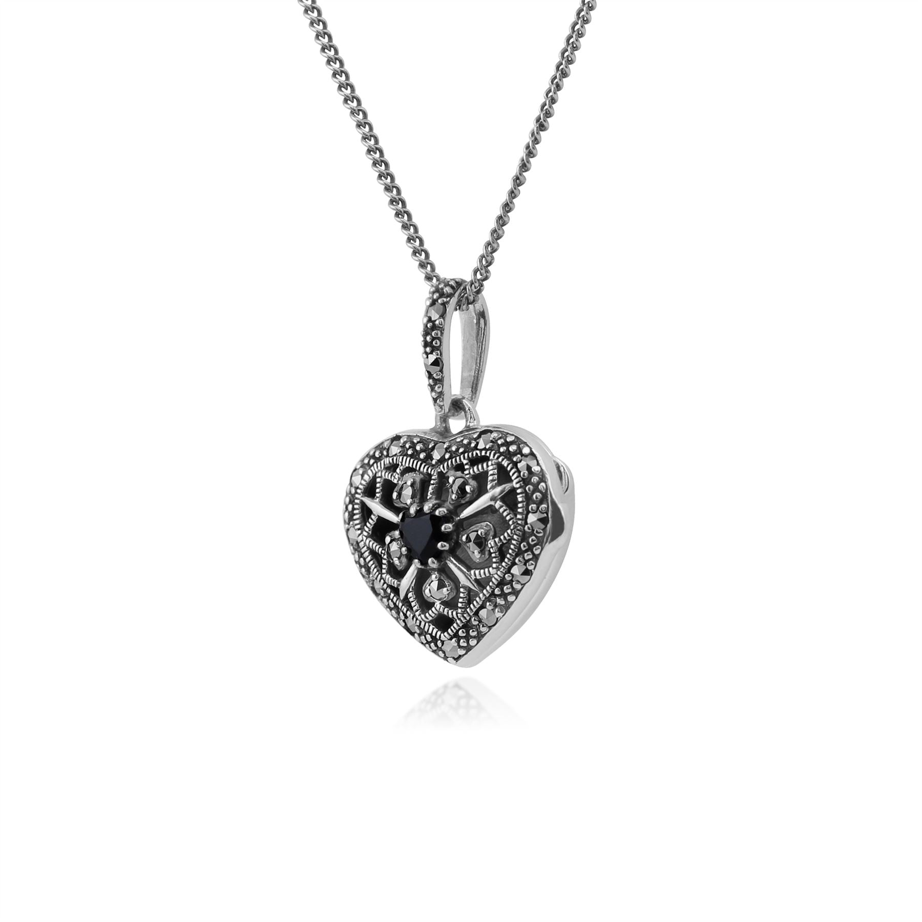 Portafoto in stile Art Nouveau Collana a cuore in argento 925 tondo con zaffiro e marcasite