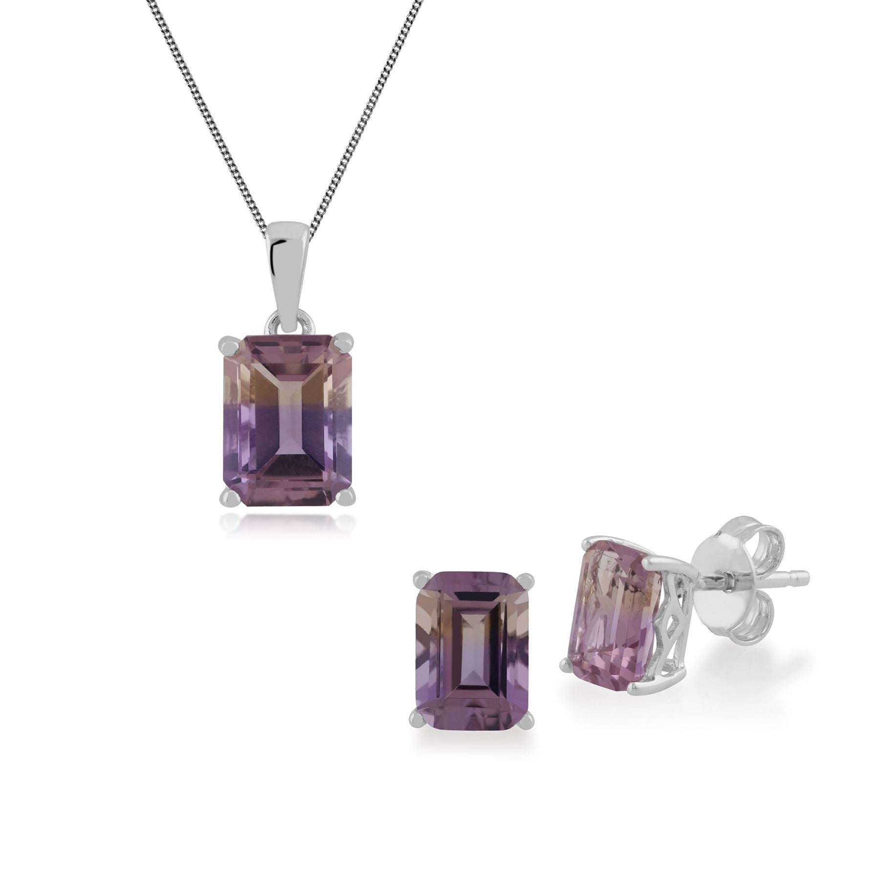 Classici orecchini a bottone e pendenti in argento 925 con baguette di ametrino con griffe