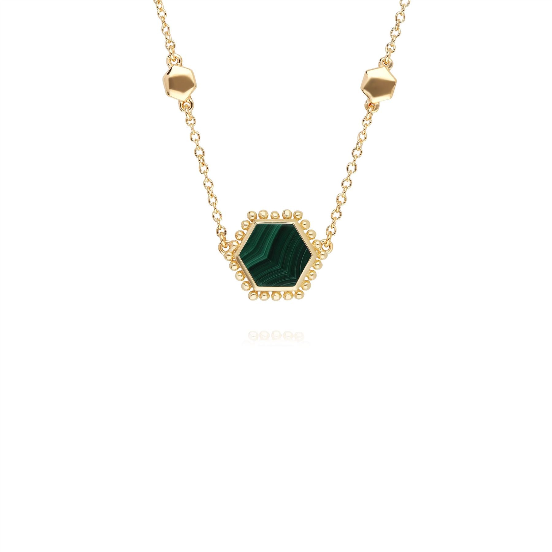 Collana esagonale a fetta piatta in argento 925 placcato oro con malachite