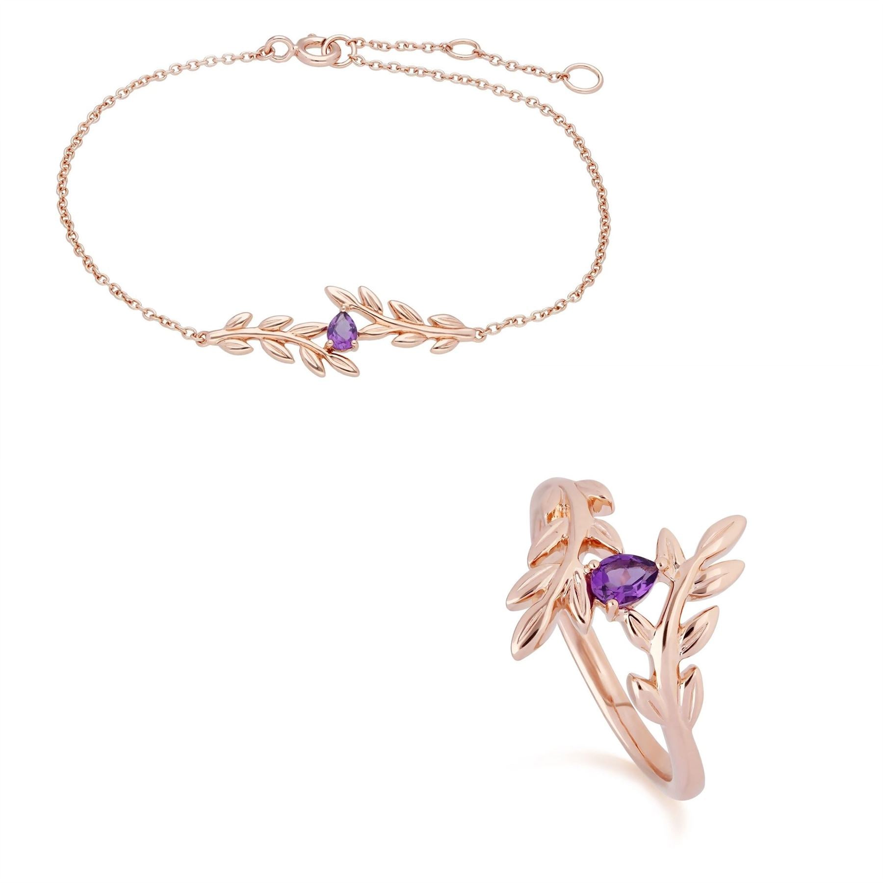 Anello e bracciale con ametista in oro rosa 375 O Leaf
