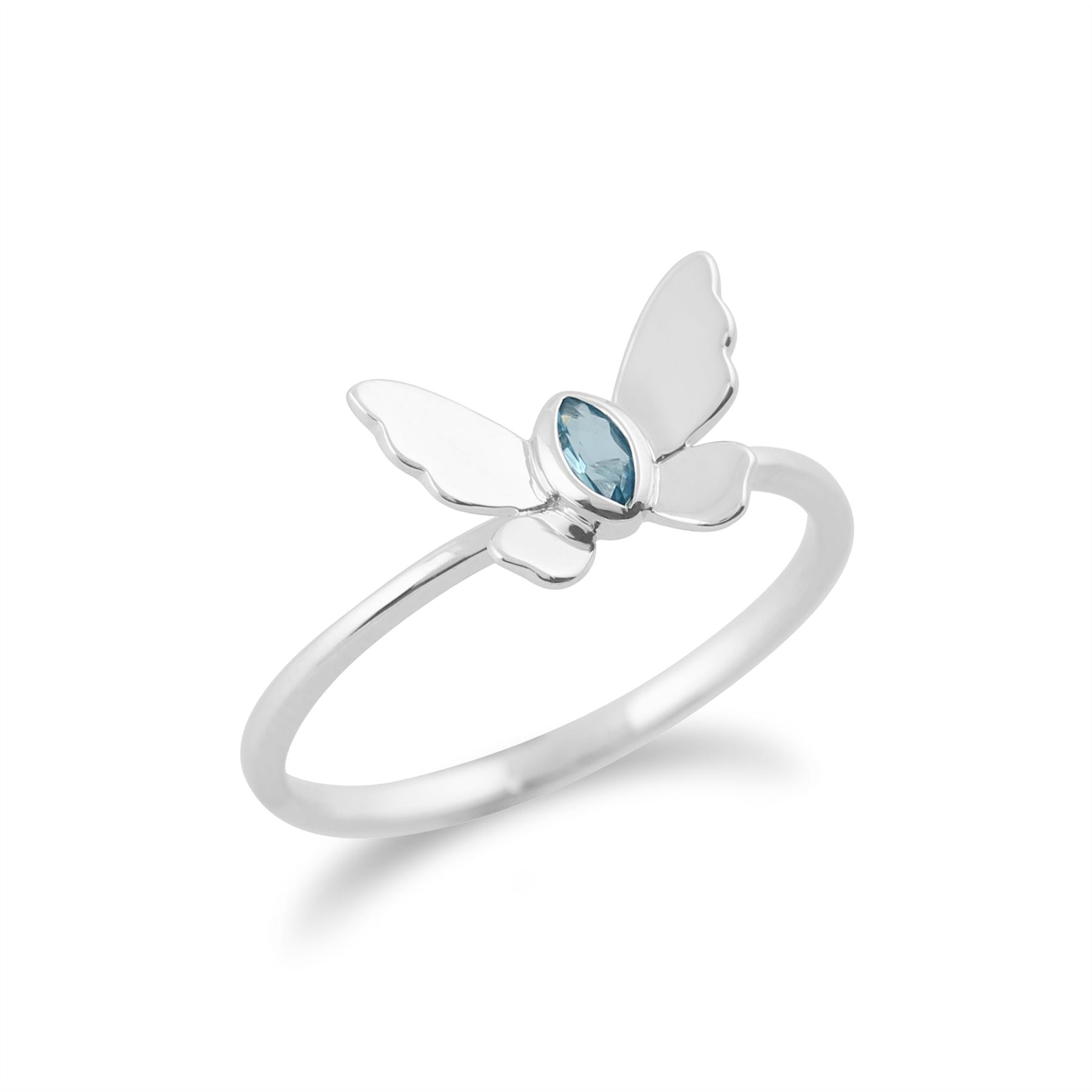 Anello Gemondo con topazio azzurro, anello a farfalla con topazio azzurro da 9 ct in oro bianco da 0,08 ct