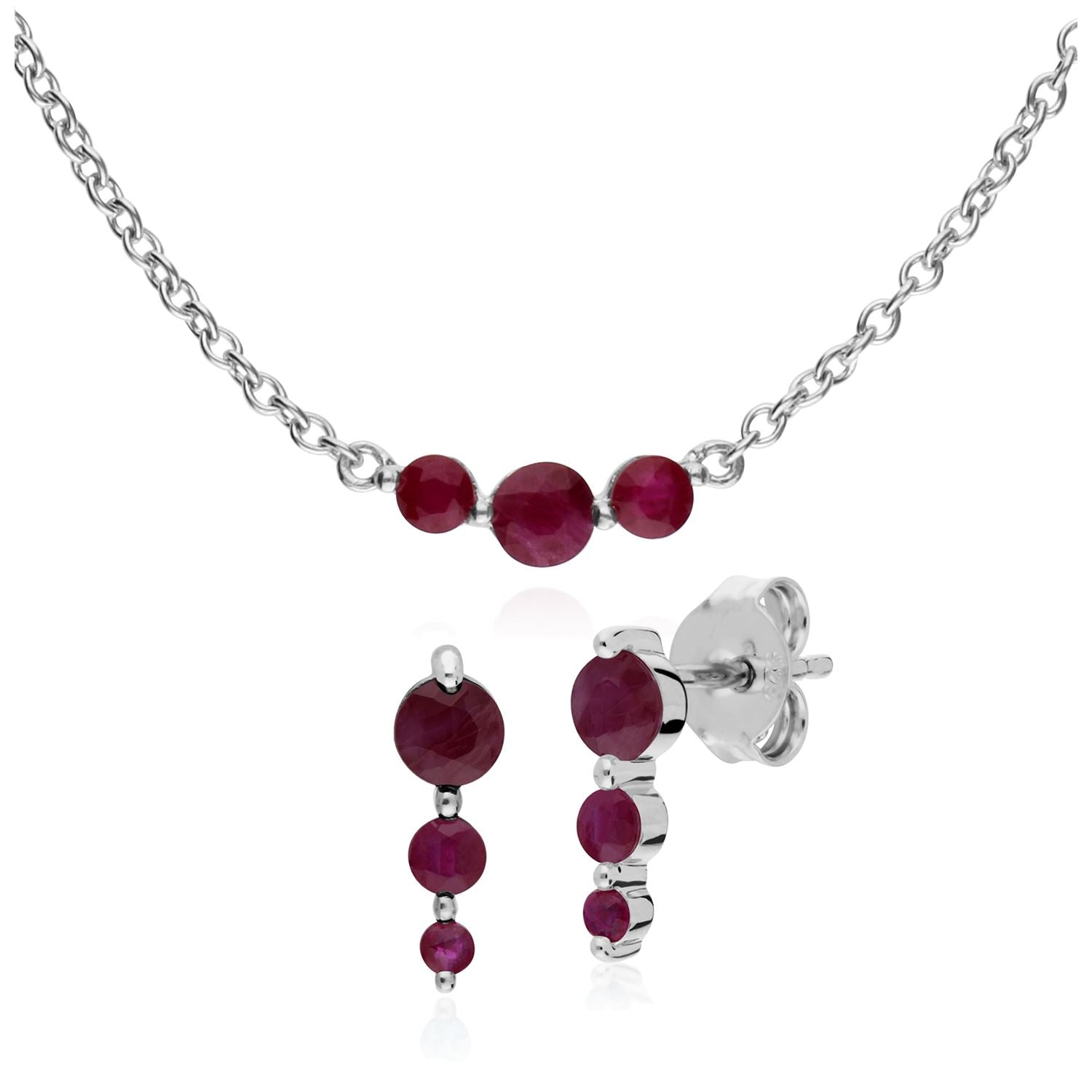Collana e orecchini classici con tre pietre rotonde in argento 925 con rubini