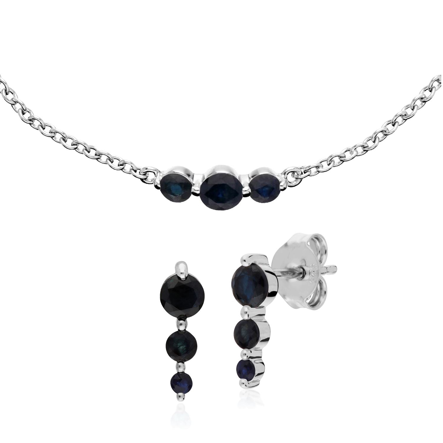 Orecchini e bracciale classici in argento 925 con tre pietre di zaffiro