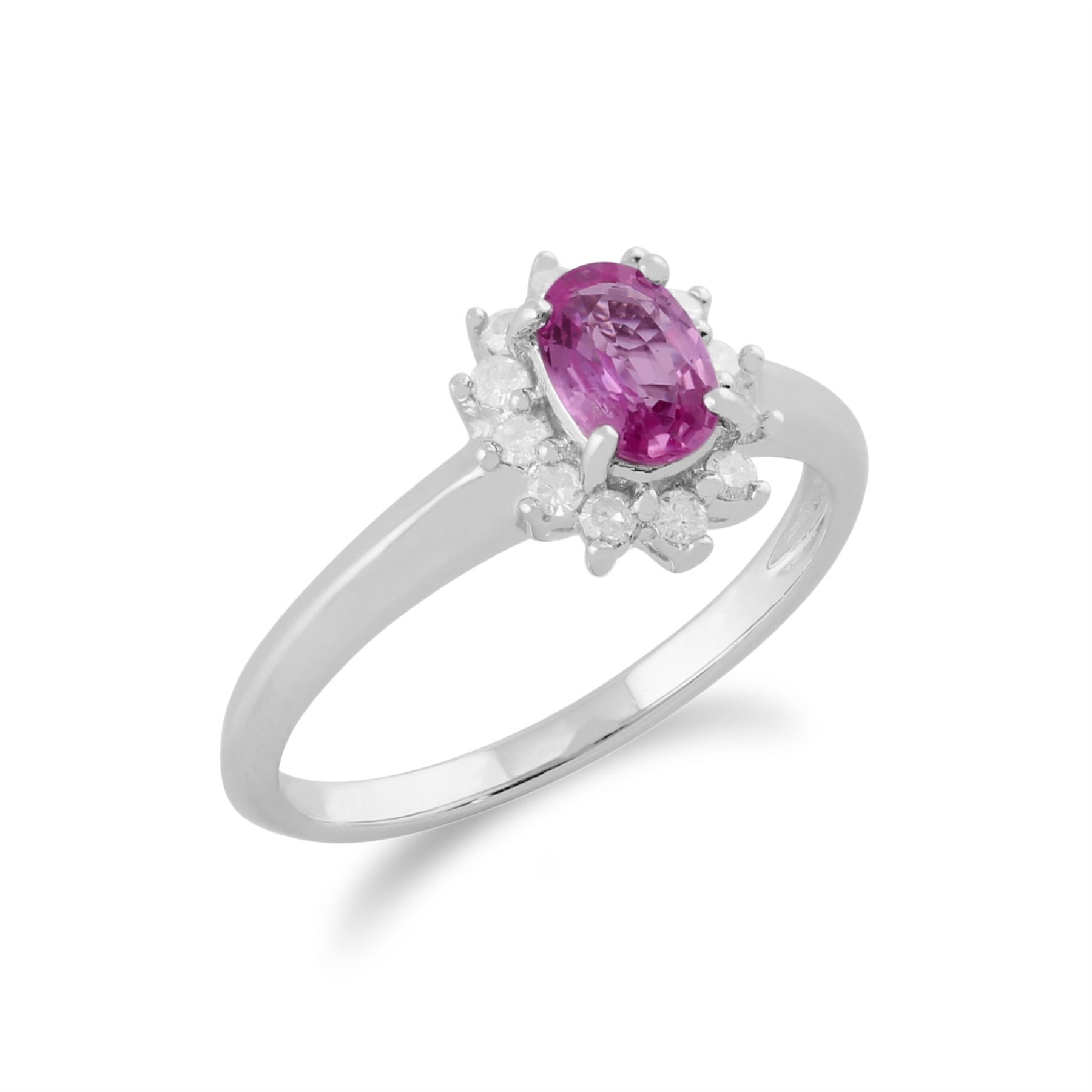 Classico anello Halo in oro bianco 375 con zaffiro rosa e diamanti