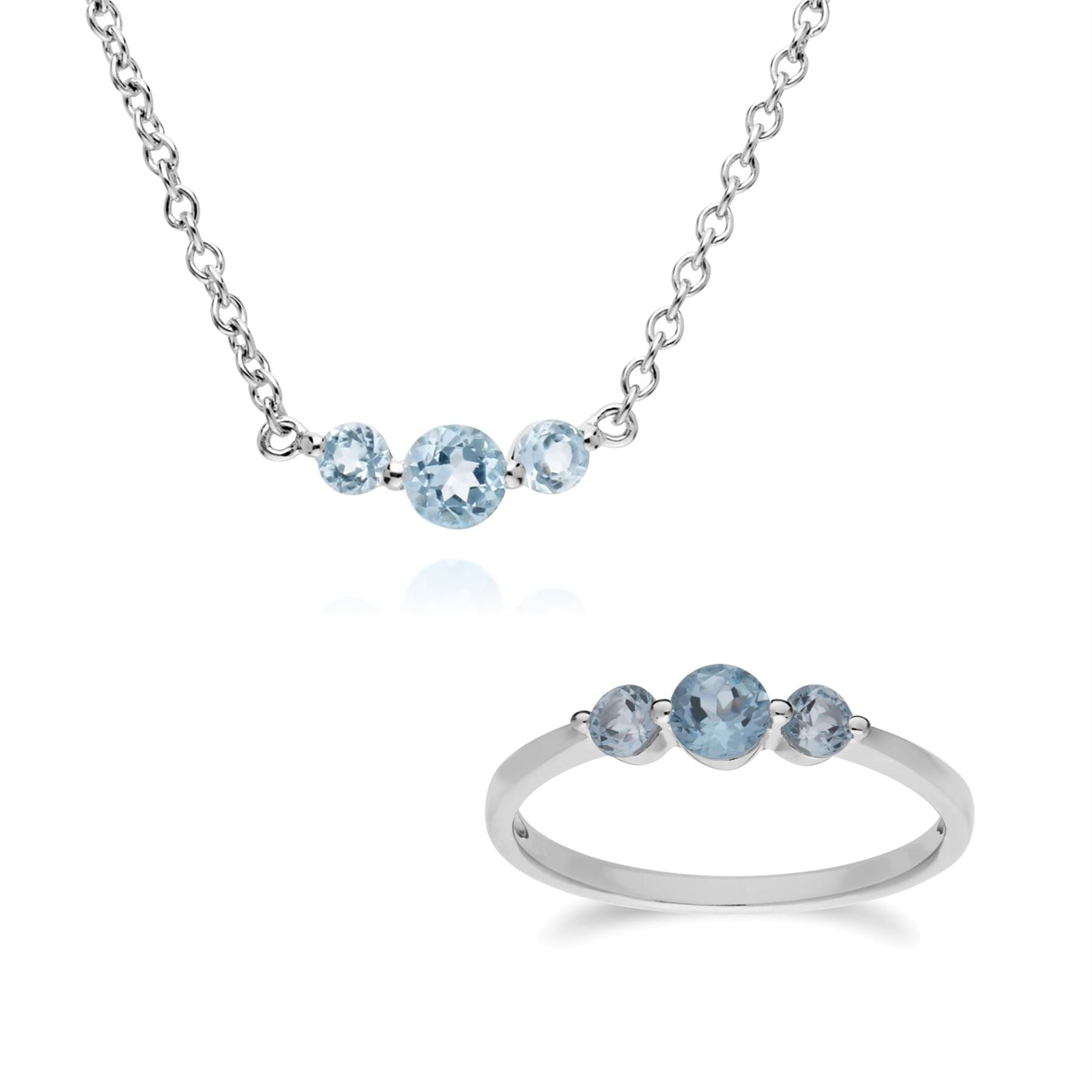 Collana e anello classici in argento 925 con tre pietre di topazio azzurro