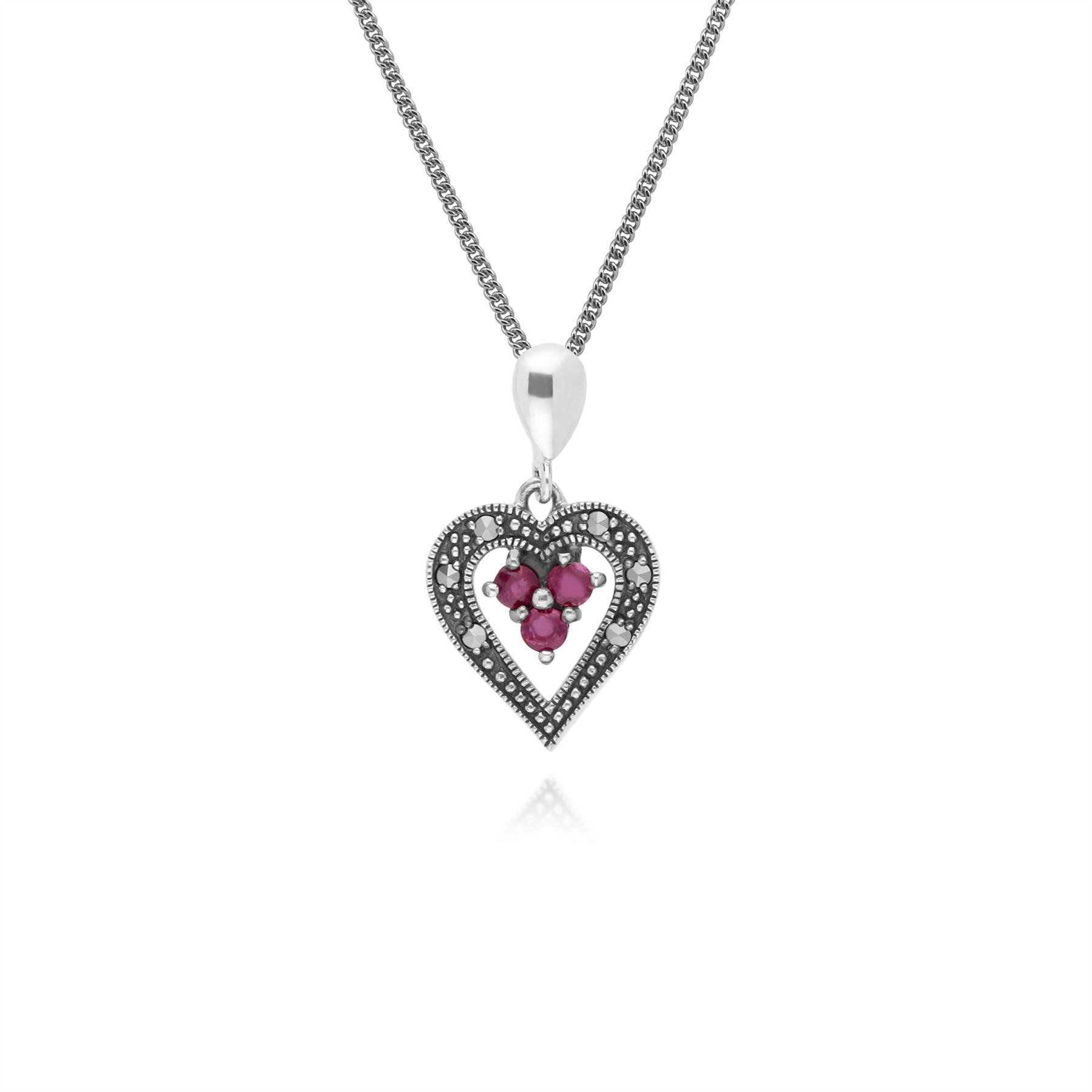 Orecchini a lobo e pendente a cuore in stile Art Nouveau in argento 925 con rubini e marcasite tonda