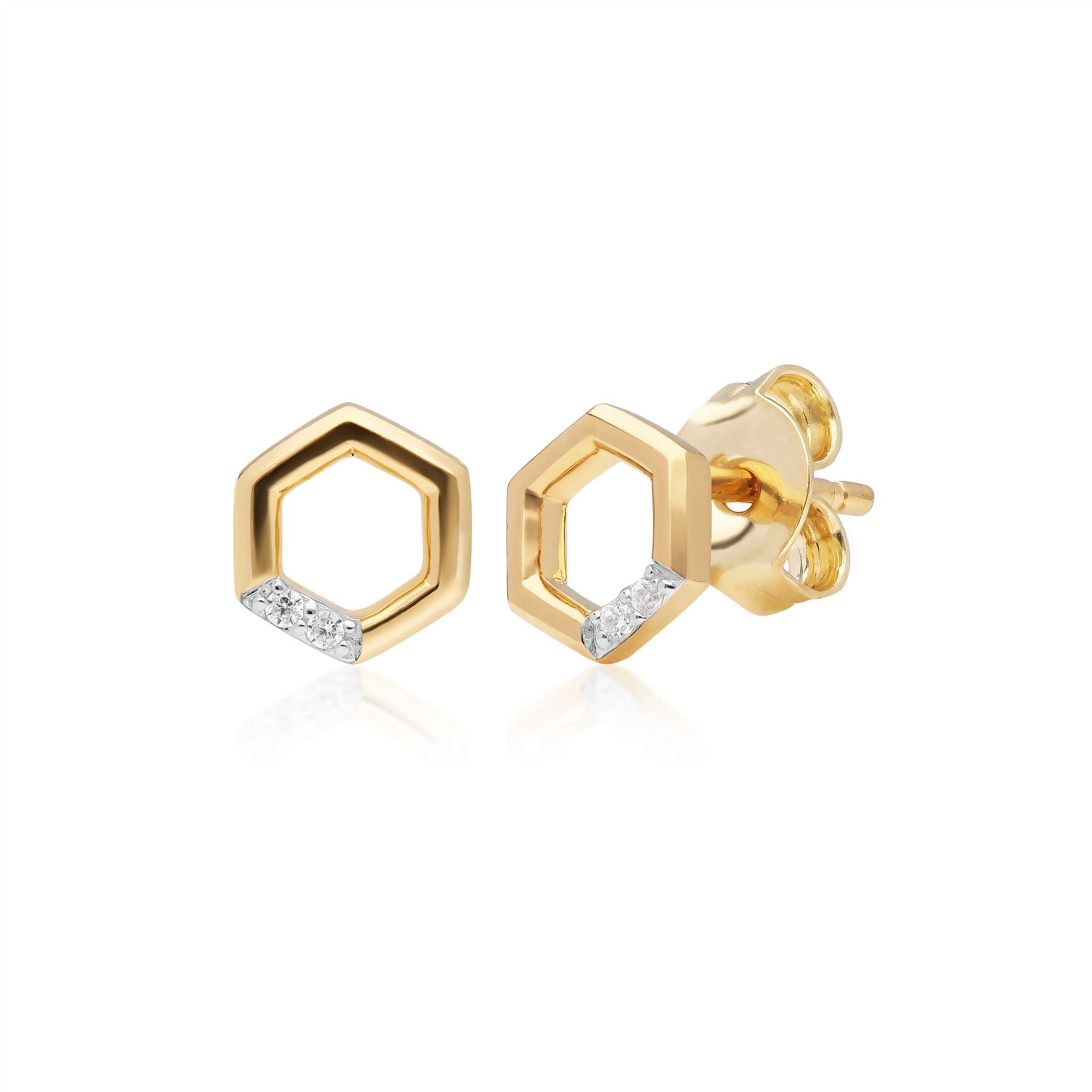 Anello e orecchini a lobo in oro giallo 375 con diamanti esagonali e pavé di diamanti