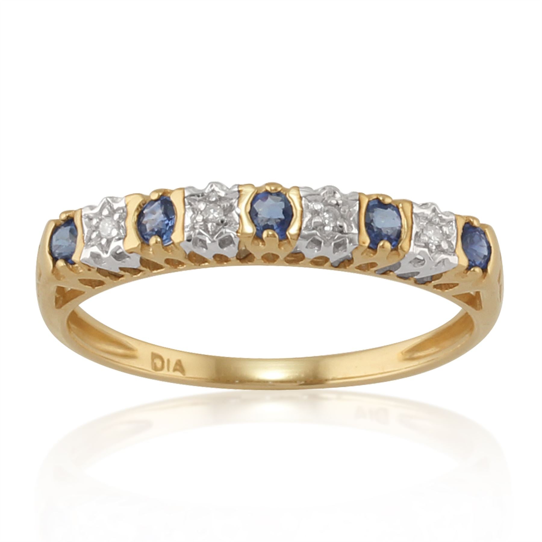 Anello mezza veretta in oro giallo da 9 ct con zaffiro naturale da 0,24 ct e diamante