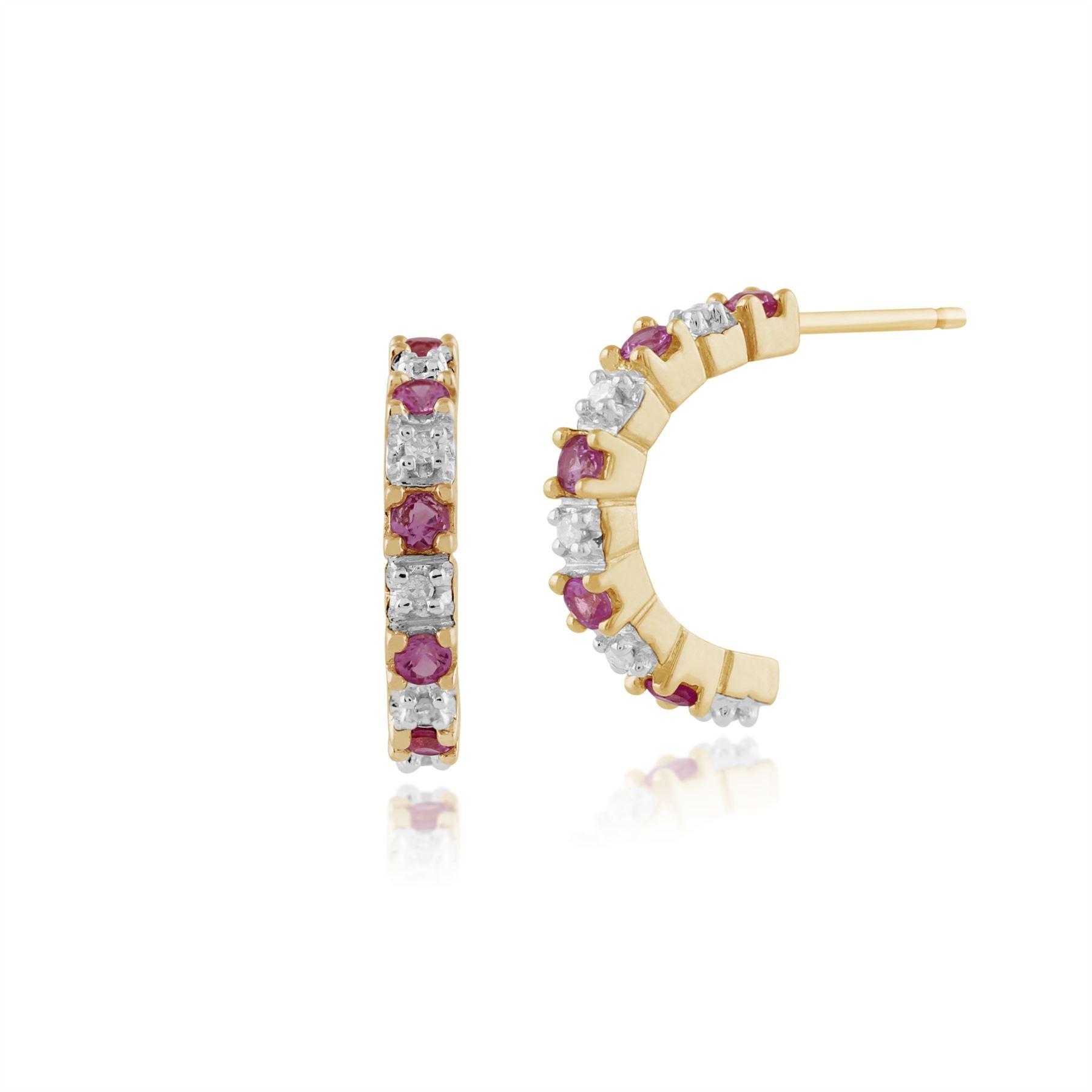 Orecchini classici a mezzo cerchio in oro giallo 375 con zaffiro rosa e diamanti
