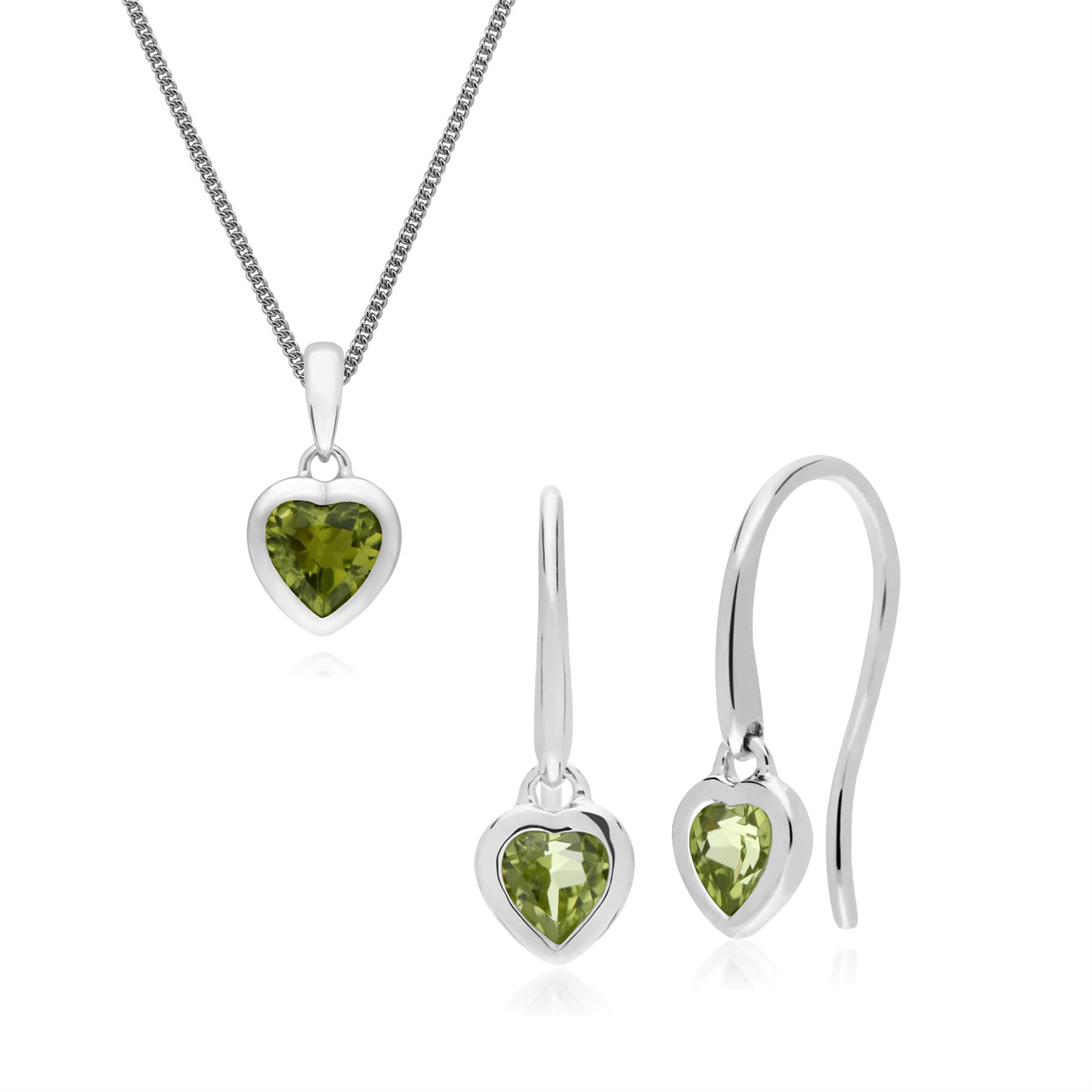 Classico ciondolo a cuore e orecchini pendenti in argento 925 con peridoto