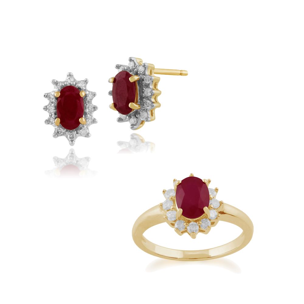 Orecchini a bottone e anello ovali classici in oro giallo 375 con smeraldi e diamanti a grappolo