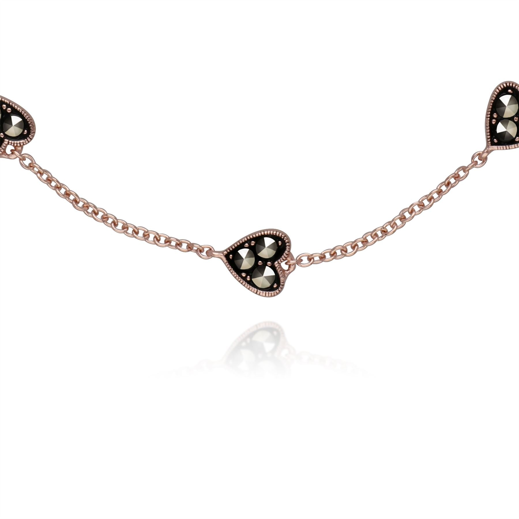 Bracciale in marcasite con cuore in argento sterling placcato oro rosa da 19 cm