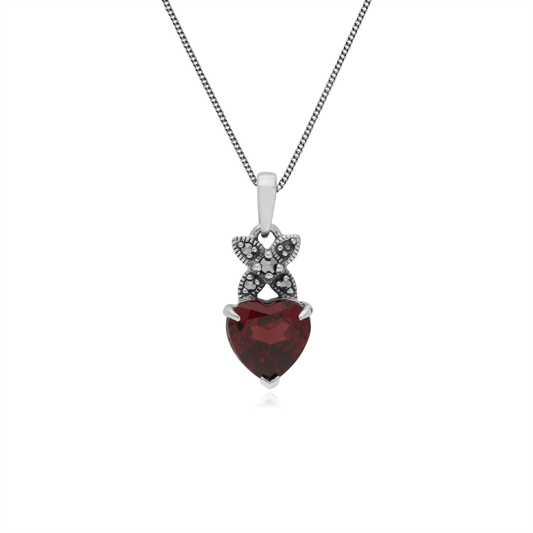 Ciondolo classico a forma di cuore in argento 925 con granato e marcasite, cauzione incrociata