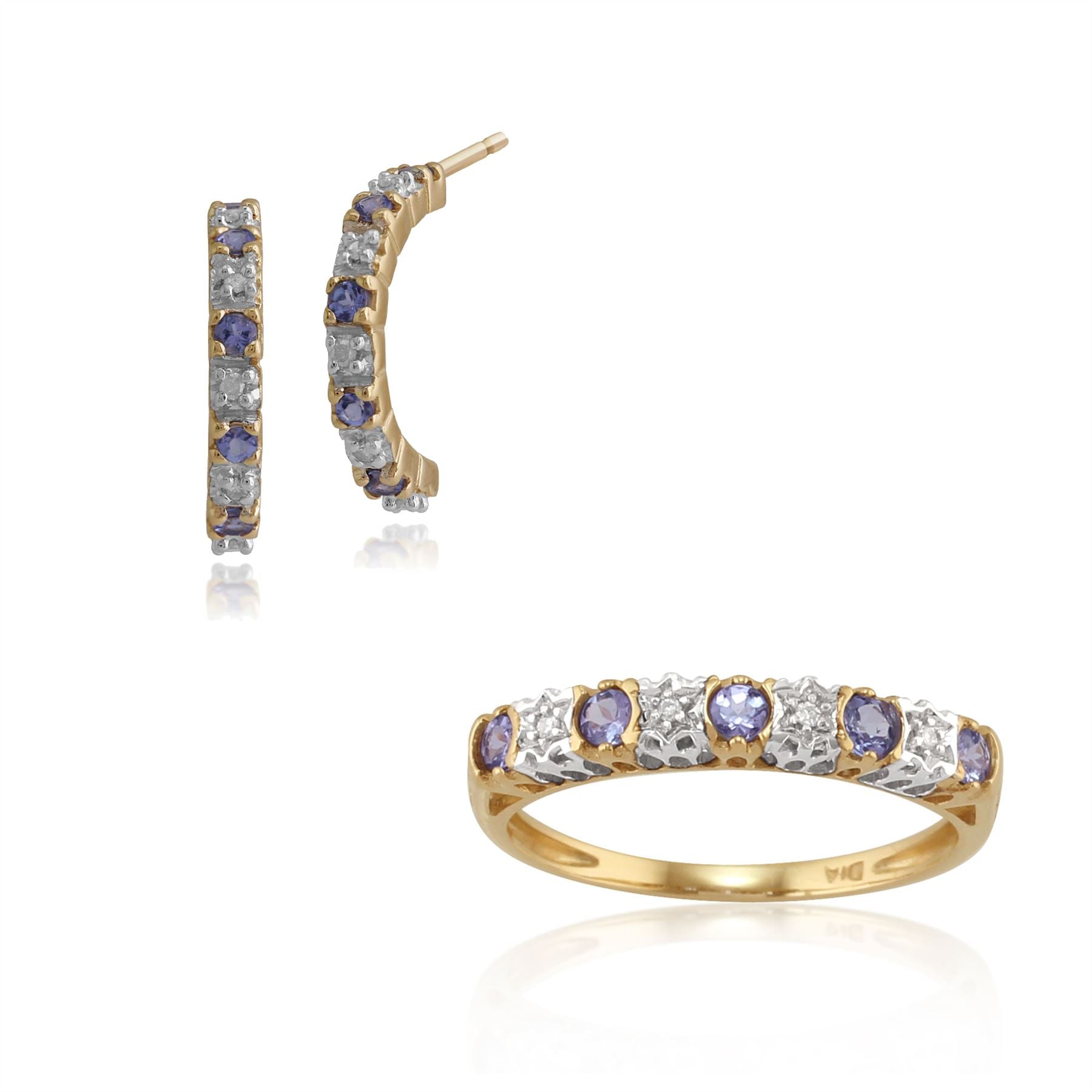 Orecchini a mezzo cerchio e classico anello a mezza veretta in oro giallo 375 con tanzanite rotonda e diamante