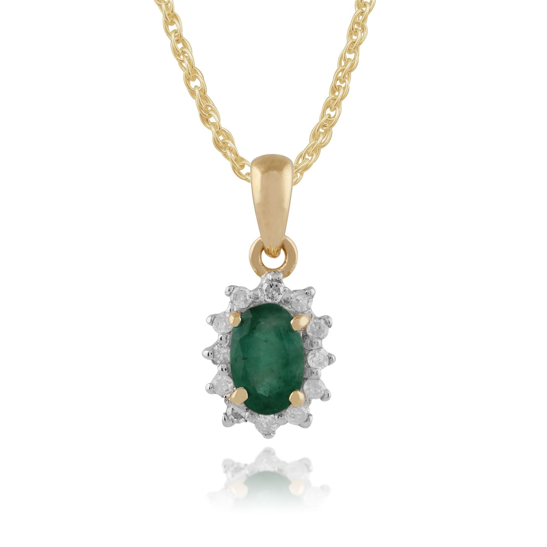 Ciondolo e anello ovali classici in oro giallo 375 con smeraldi e diamanti a grappolo