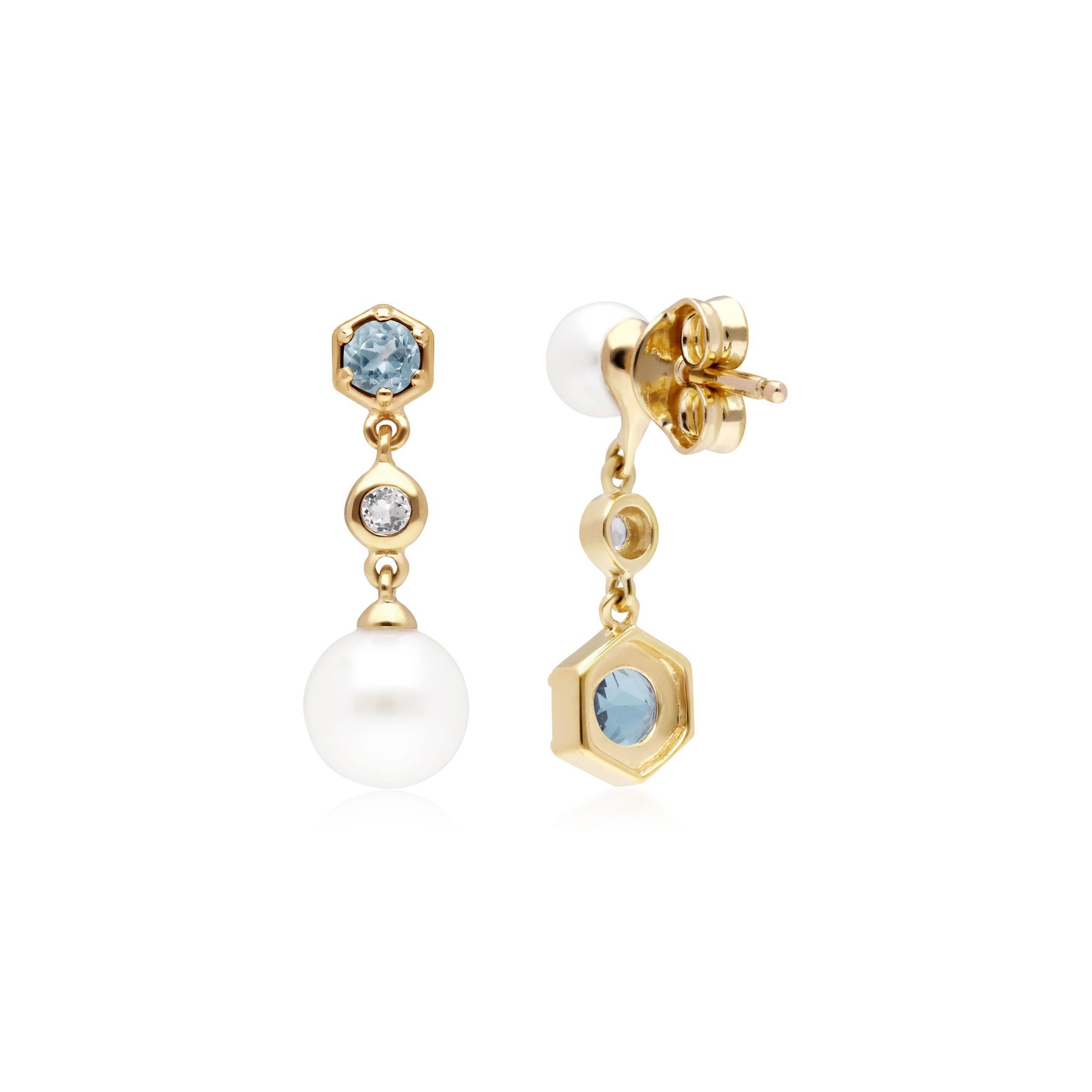 Orecchini pendenti asimmetrici con perle moderne Argento 925 placcato oro Perla e topazio blu e bianco