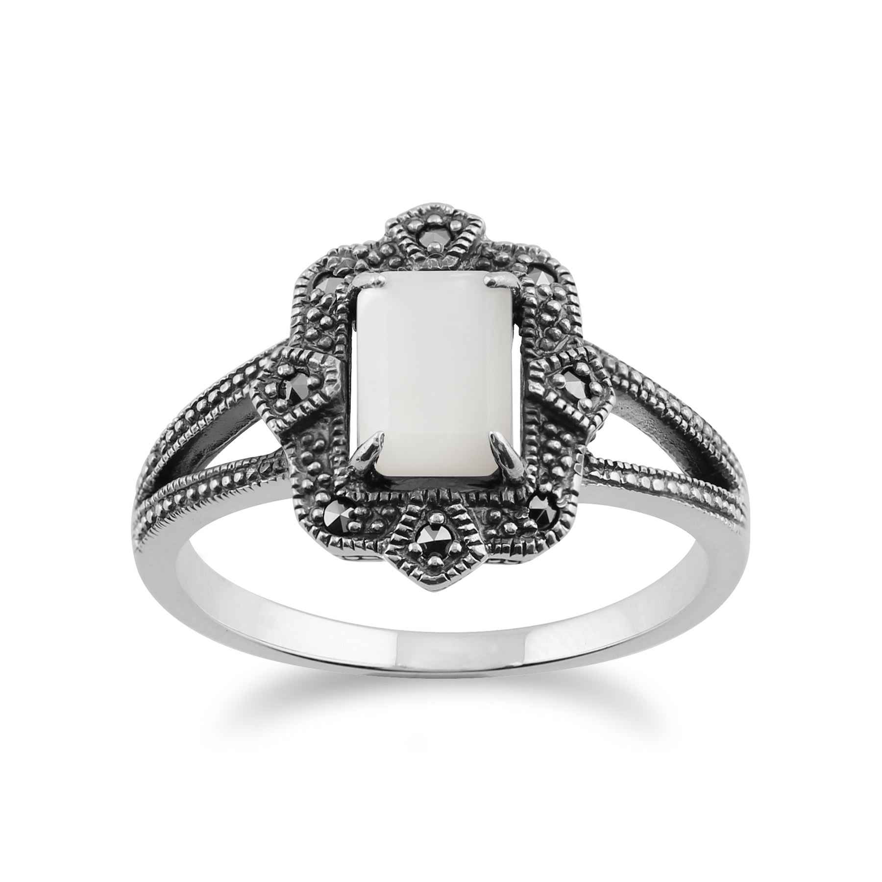 Orecchini pendenti e anello in stile Art Déco Argento 925 Madreperla Baguette e castone in marcasite