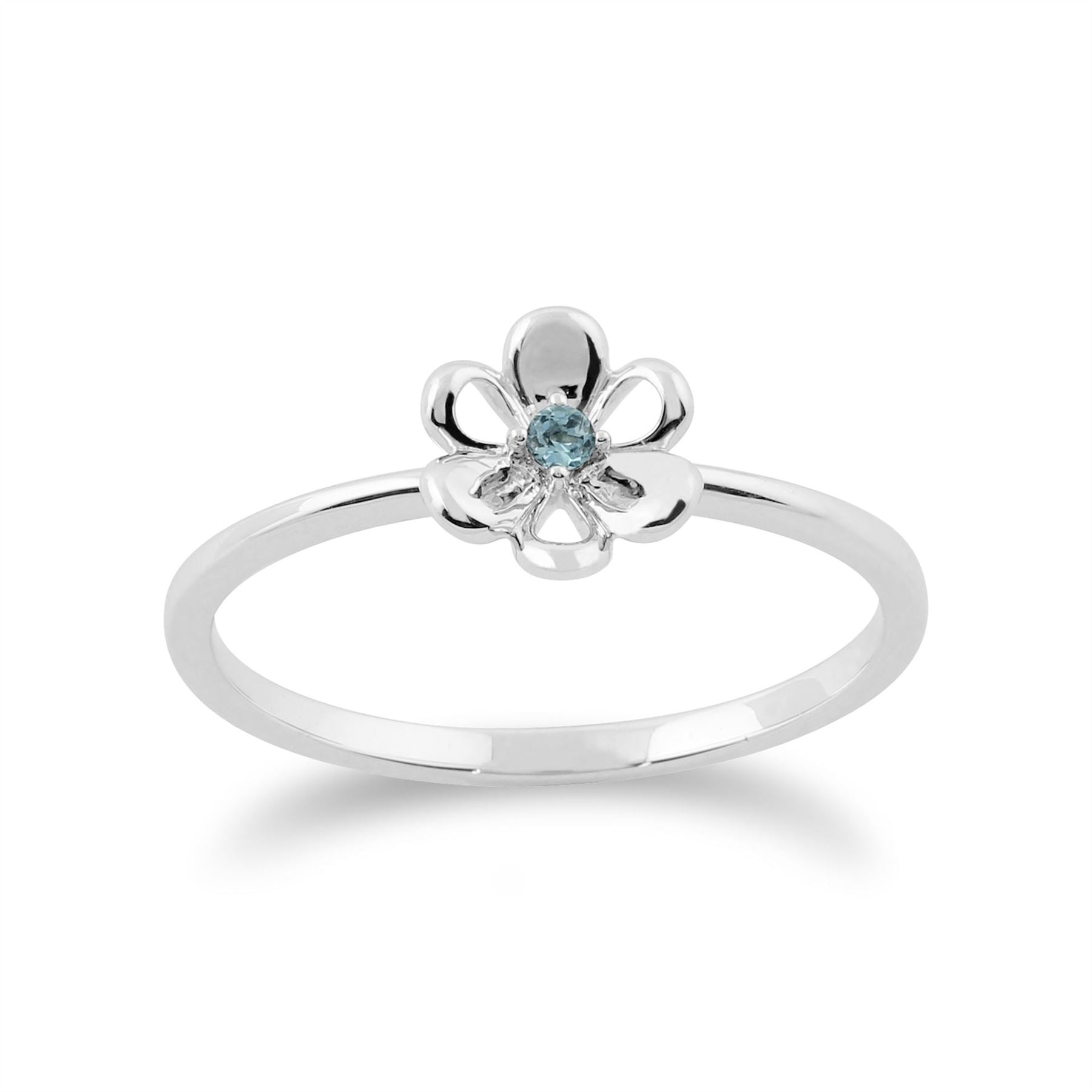 Anello Gemondo con topazio azzurro, anello con fiore impilabile in oro bianco da 9 ct con topazio azzurro da 0,02 ct