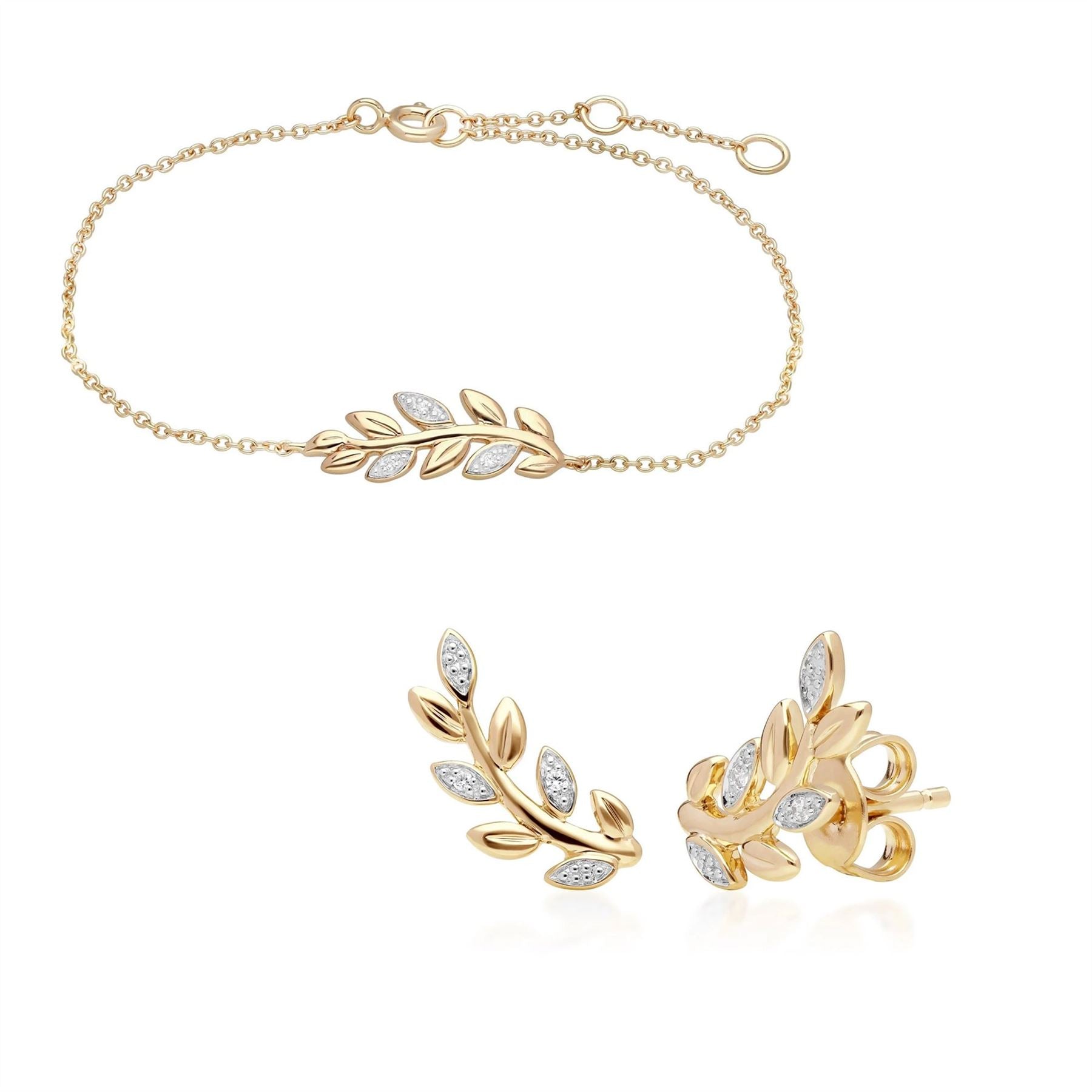 Bracciale e orecchini a lobo O Leaf in oro giallo 375 con diamanti