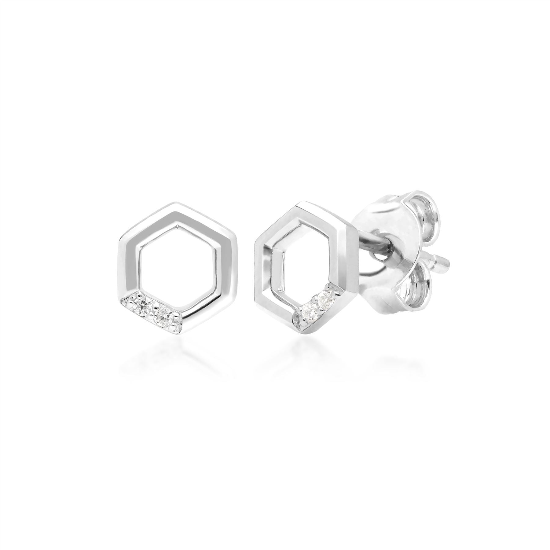 Anello e orecchini a lobo in oro bianco 375 con pavé di diamanti esagonali