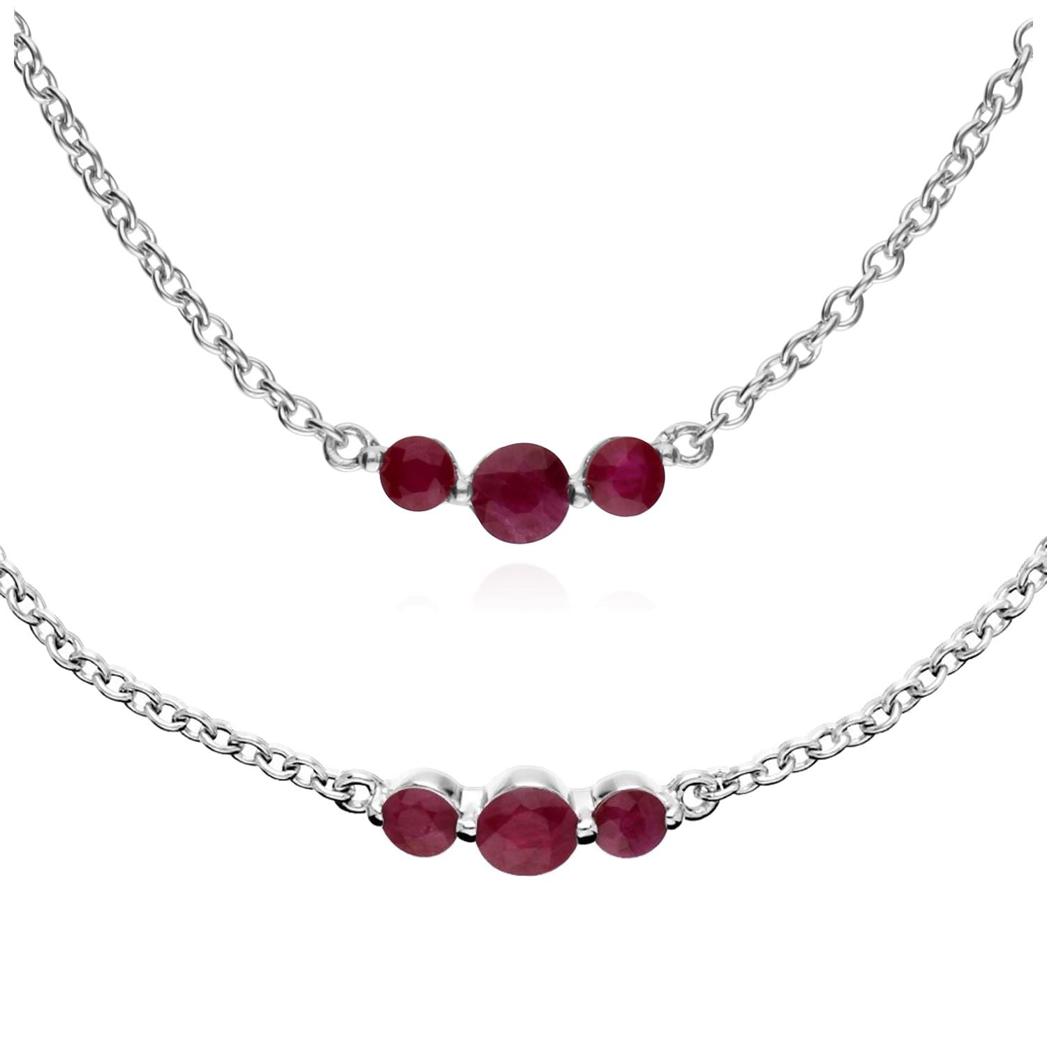 Collana e bracciale classici con tre pietre rotonde in argento 925 con rubino