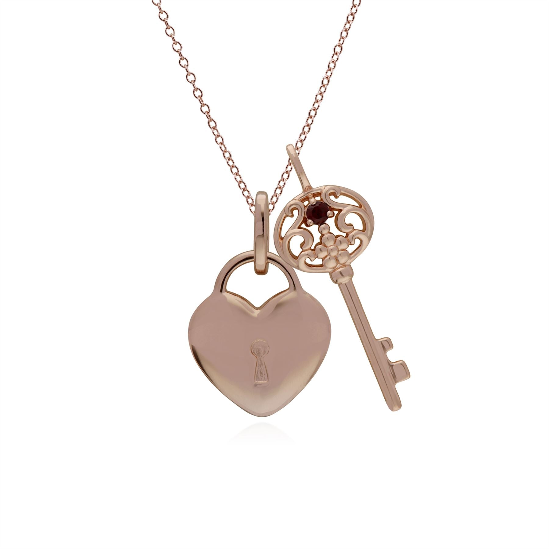 Ciondolo classico con lucchetto a cuore in argento 925 placcato oro rosa e grandi ciondoli con chiave in granato