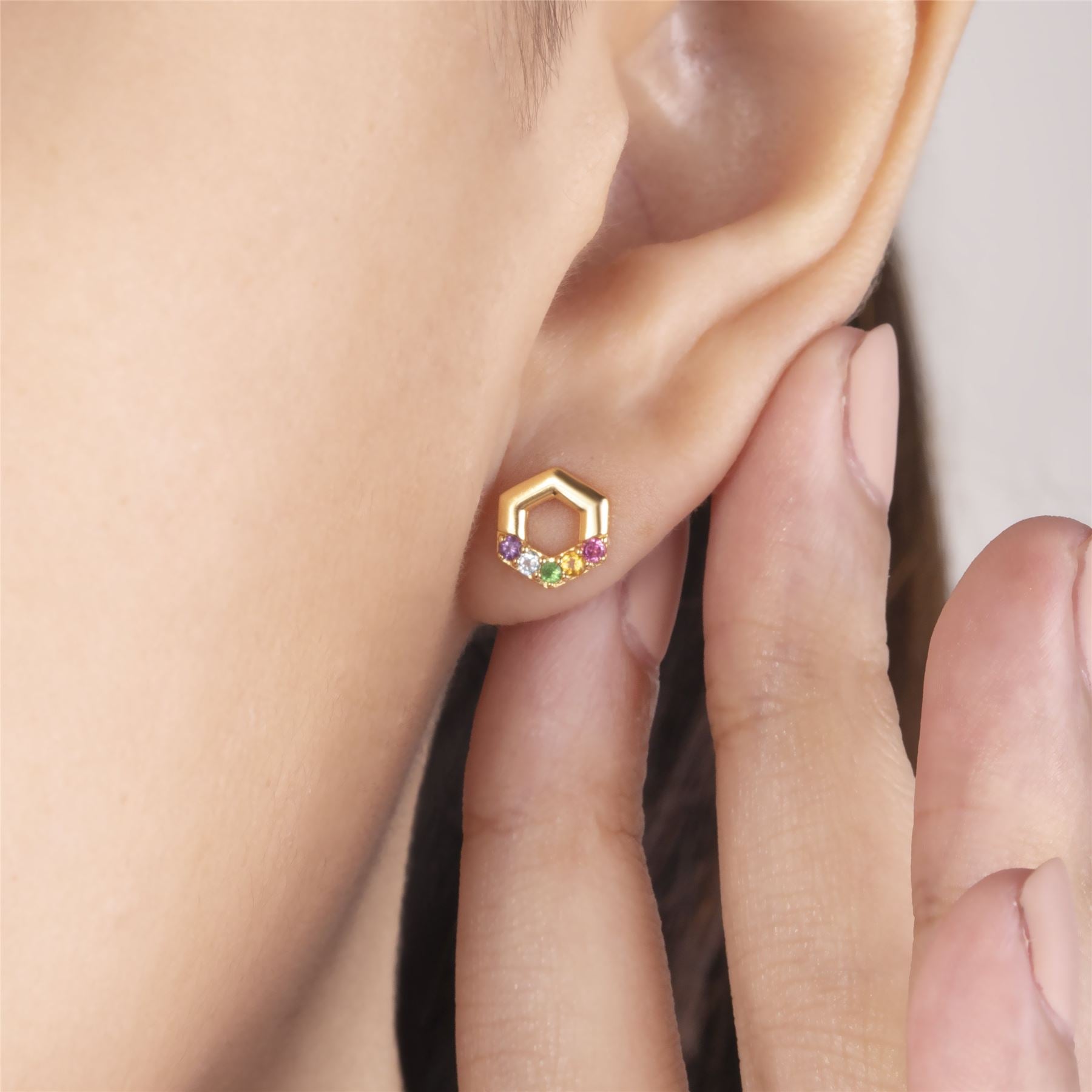 Orecchini a lobo esagonali arcobaleno in argento 925 placcato oro