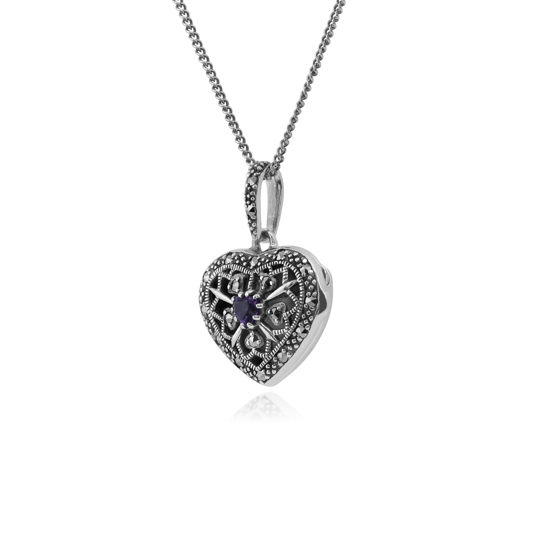 Collana cuore portafoto in stile Art Nouveau Argento 925 Ametista e Marcasite