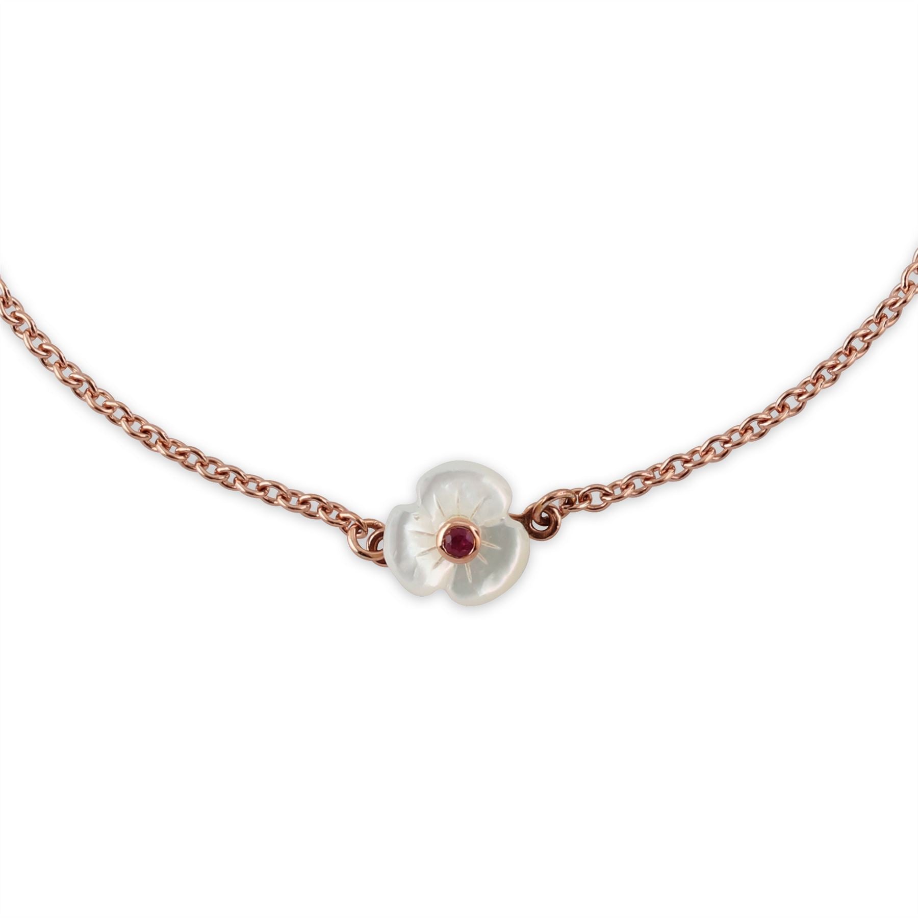 Bracciale Floreale Poppy Argento 925 Placcato Oro Rosa Madreperla e Rubino