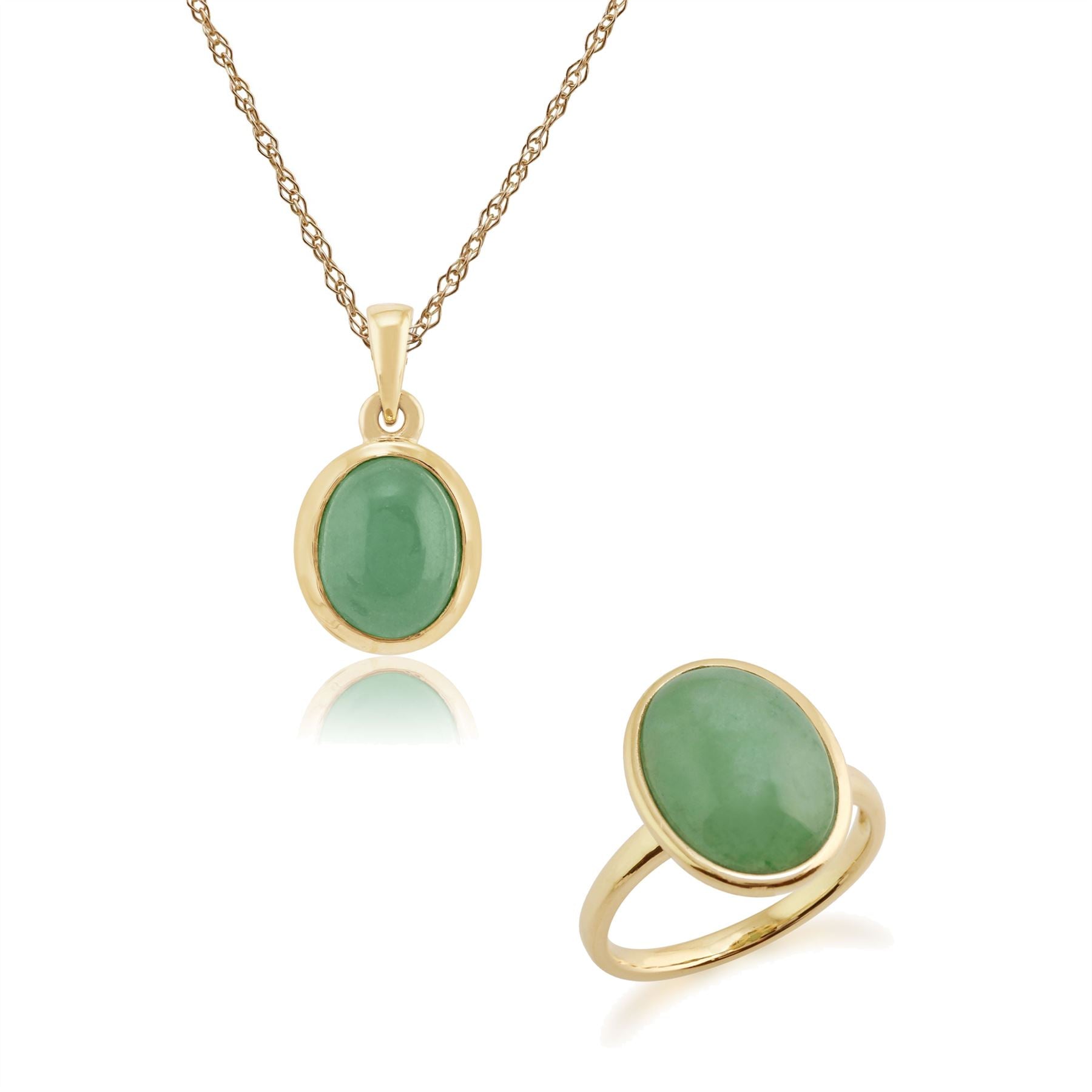 Ciondolo e anello classici in giada in oro giallo 375, incastonati