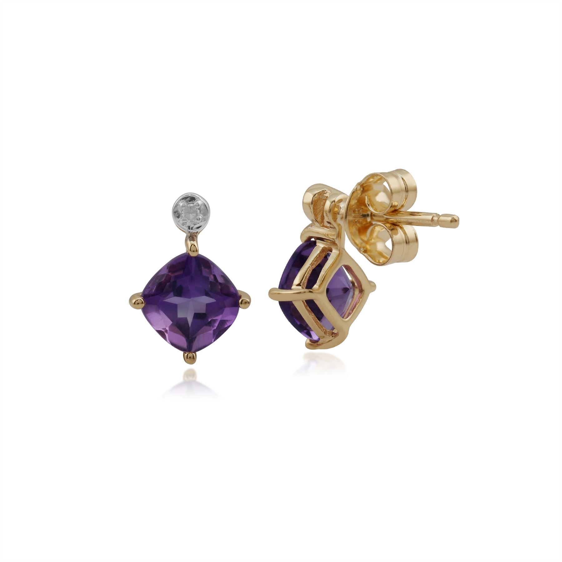 Orecchini classici con ametista quadrata e diamante in oro giallo 375