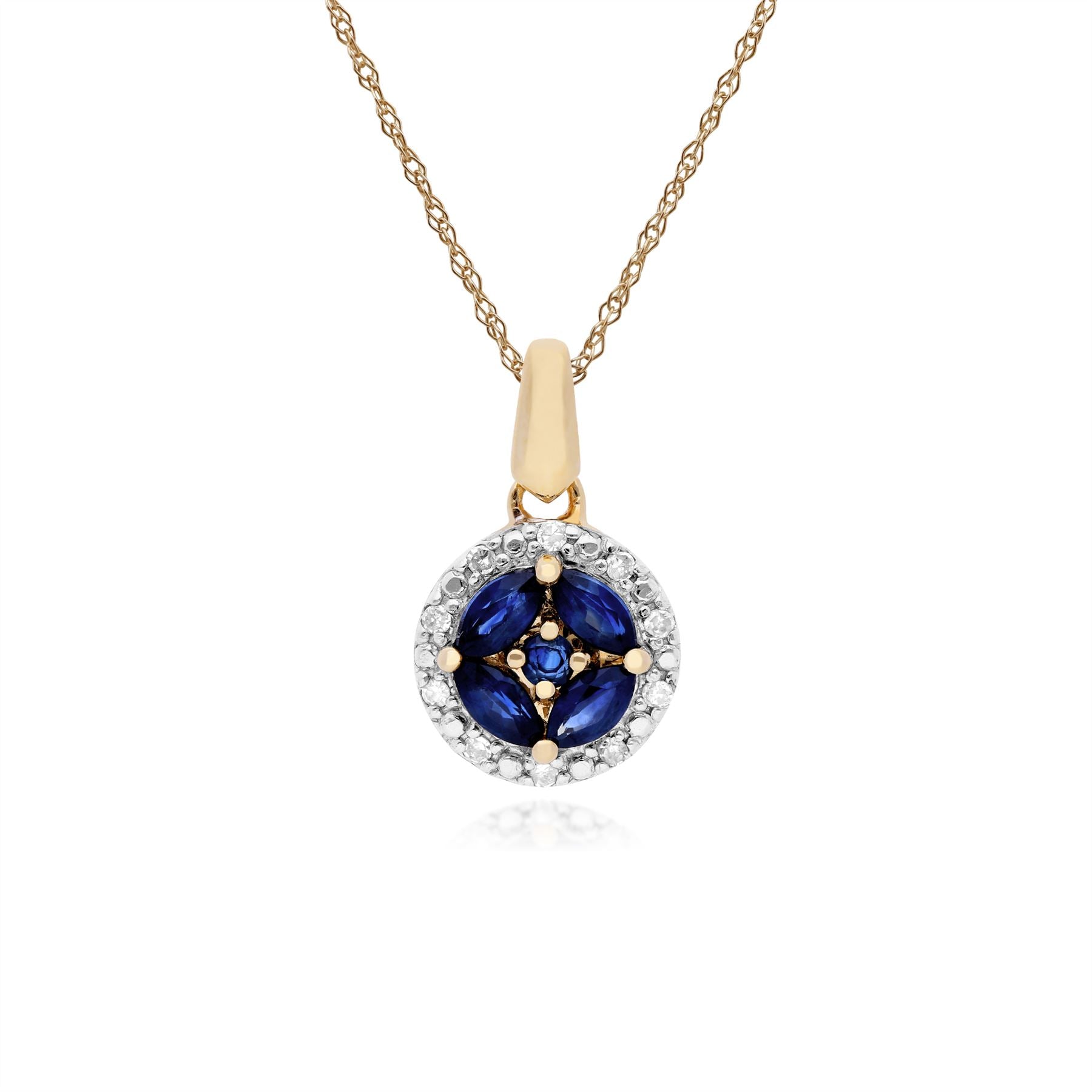 Classico pendente Halo in oro giallo 375 con zaffiro marquise e diamanti