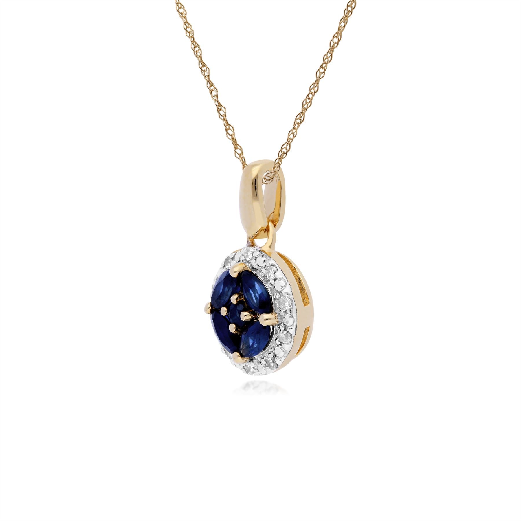 Classico pendente Halo in oro giallo 375 con zaffiro marquise e diamanti