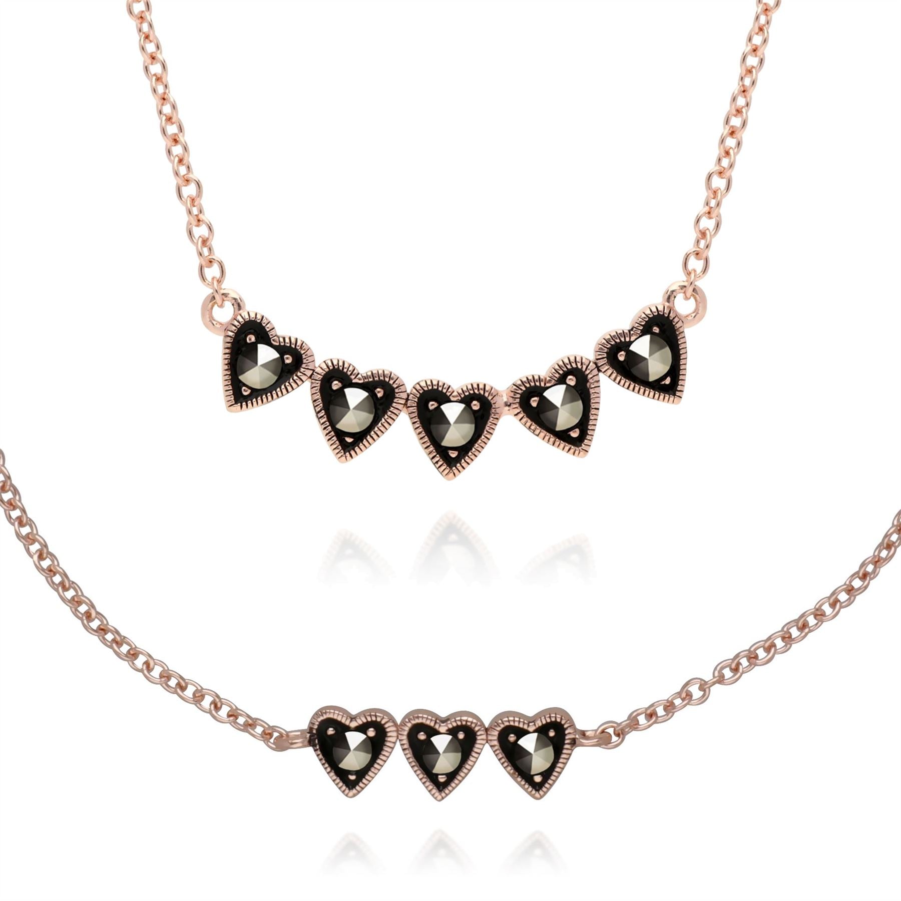 Bracciale e Collana Cuore in Argento 925 Placcato Oro Rosa Marcasite