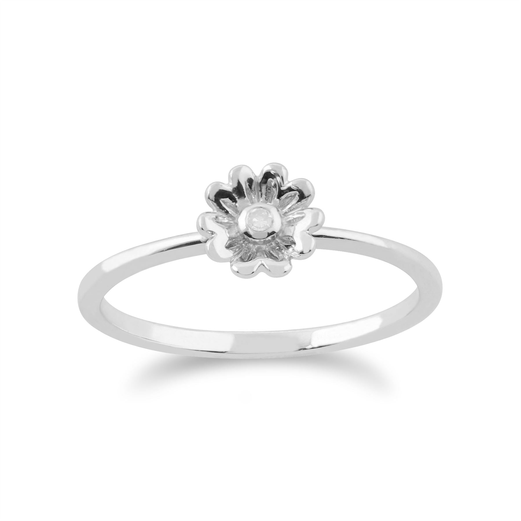 Anello con diamante Gemondo, anello a fiore impilabile con diamante da 0,01 ct in oro bianco da 9 ct