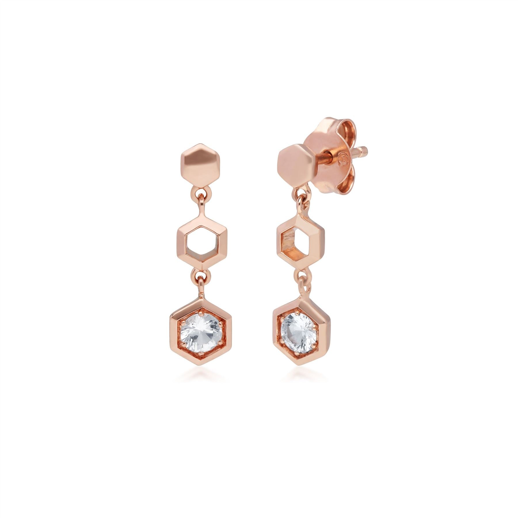 Orecchini pendenti stile nido d'ape in oro rosa 375 con zaffiro bianco