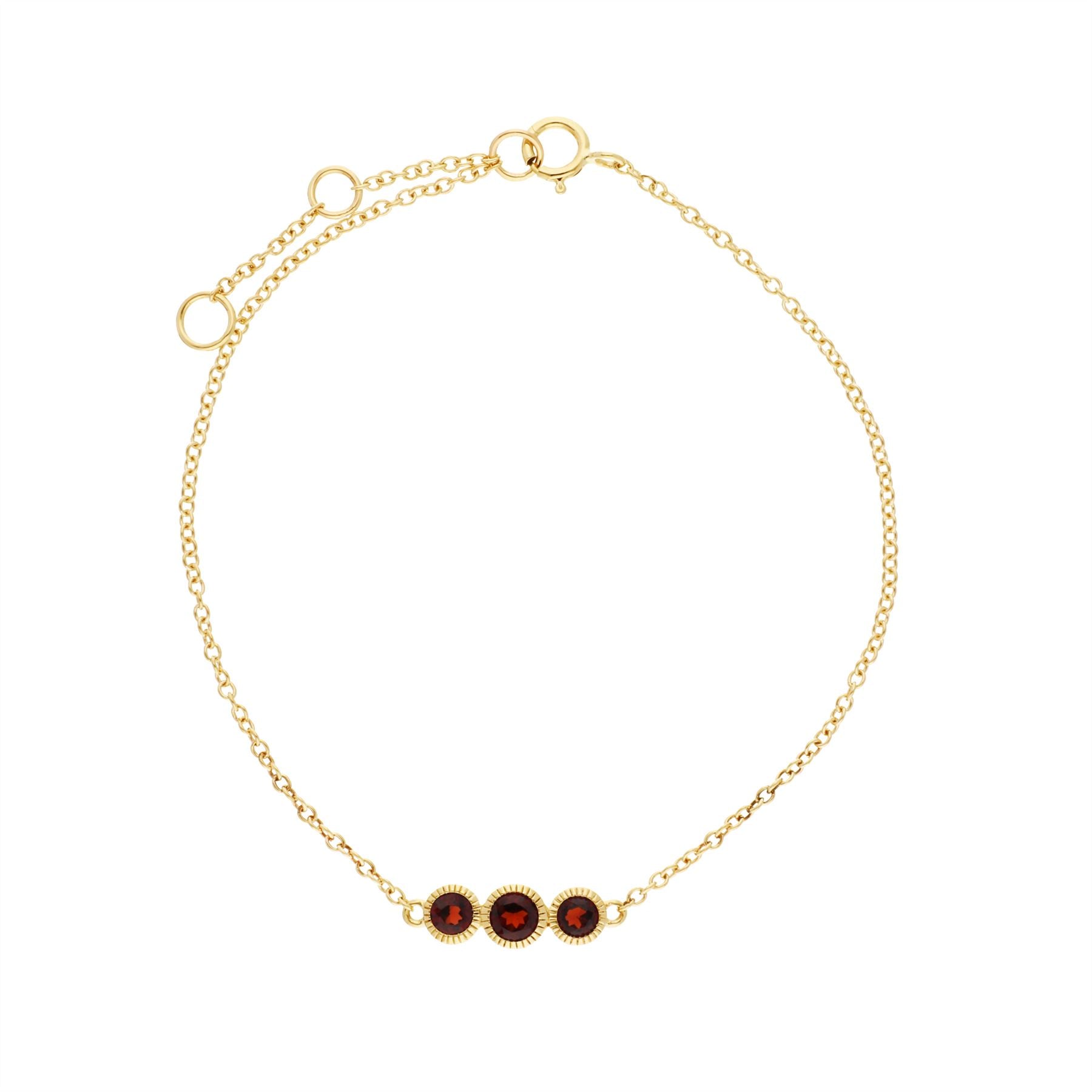 Bracciale con granato in oro giallo da 9 ct con tripla pietra tondo Milgrain da 19 cm
