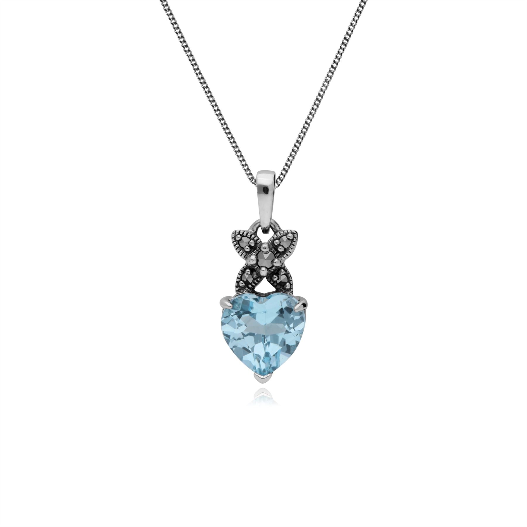 Ciondolo cuore classico in argento 925 con topazio azzurro e marcasite cauzione incrociata