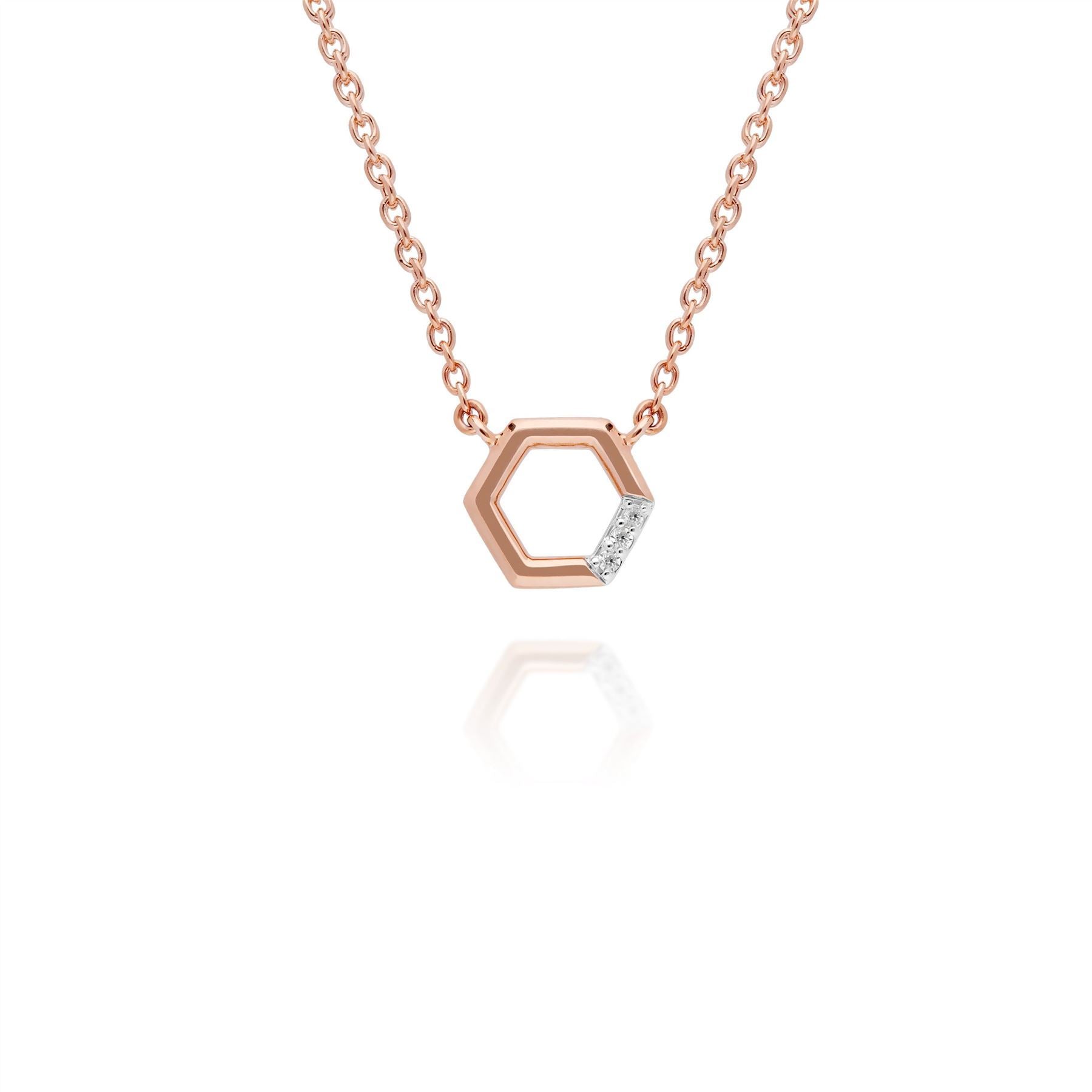 Collana e orecchini a lobo con diamanti esagonali in oro rosa 375 con pavé di diamanti