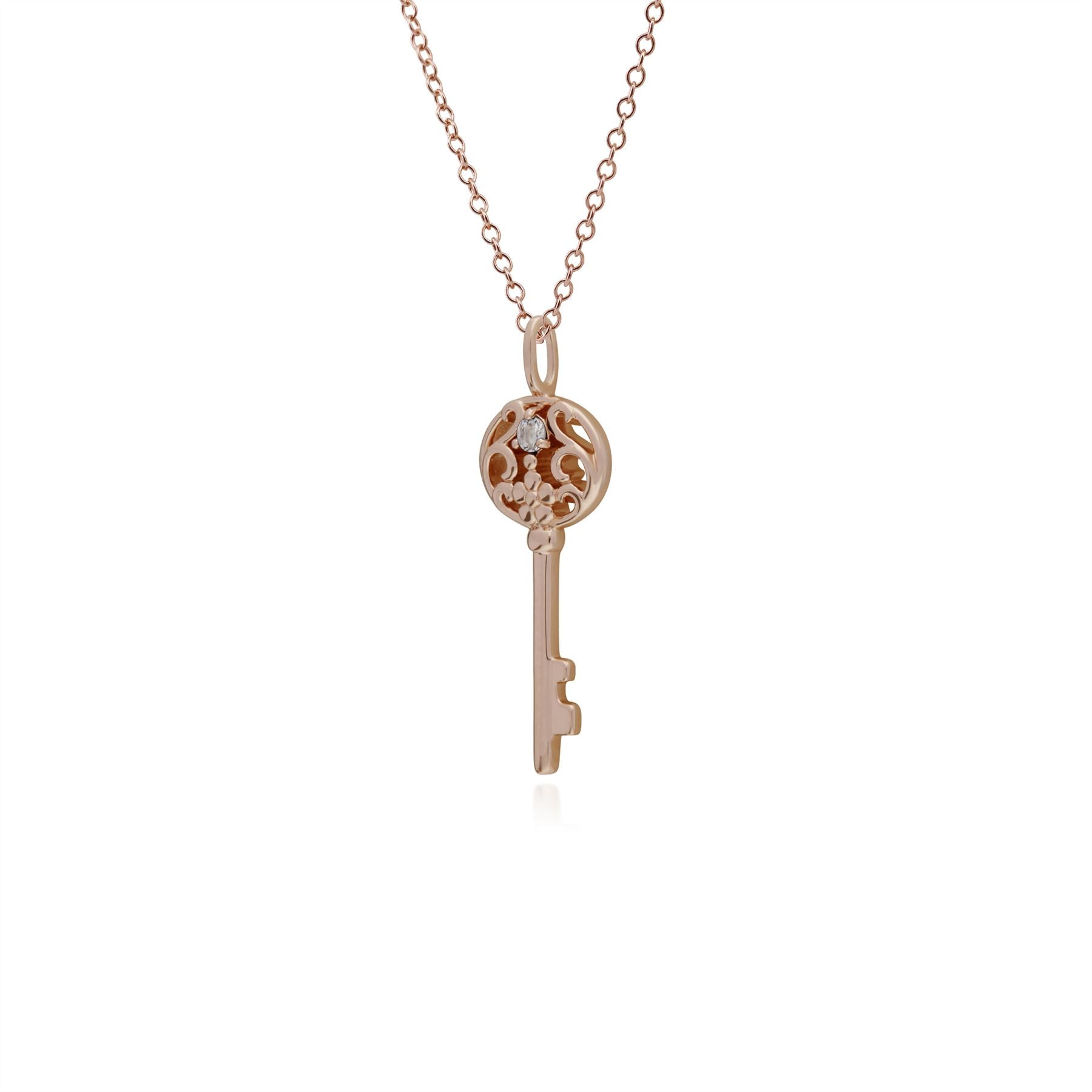 Classico pendente a chiave grande in argento 925 placcato oro rosa con topazio bianco rotondo