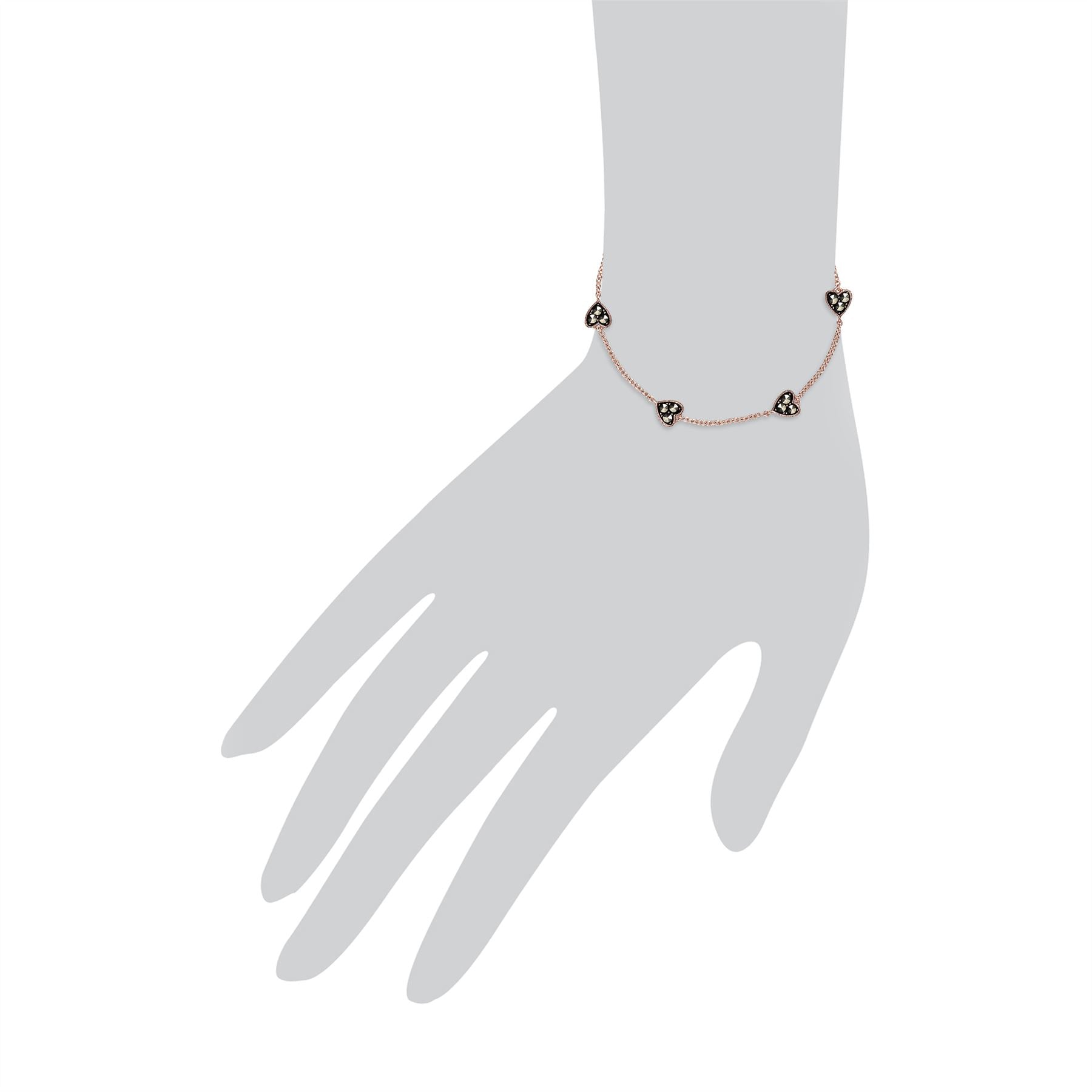 Bracciale in marcasite con cuore in argento sterling placcato oro rosa da 19 cm