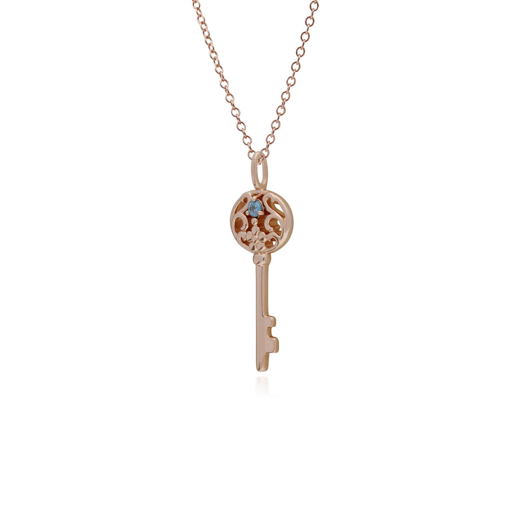 Classico ciondolo chiave grande in argento 925 placcato oro rosa con topazio azzurro rotondo