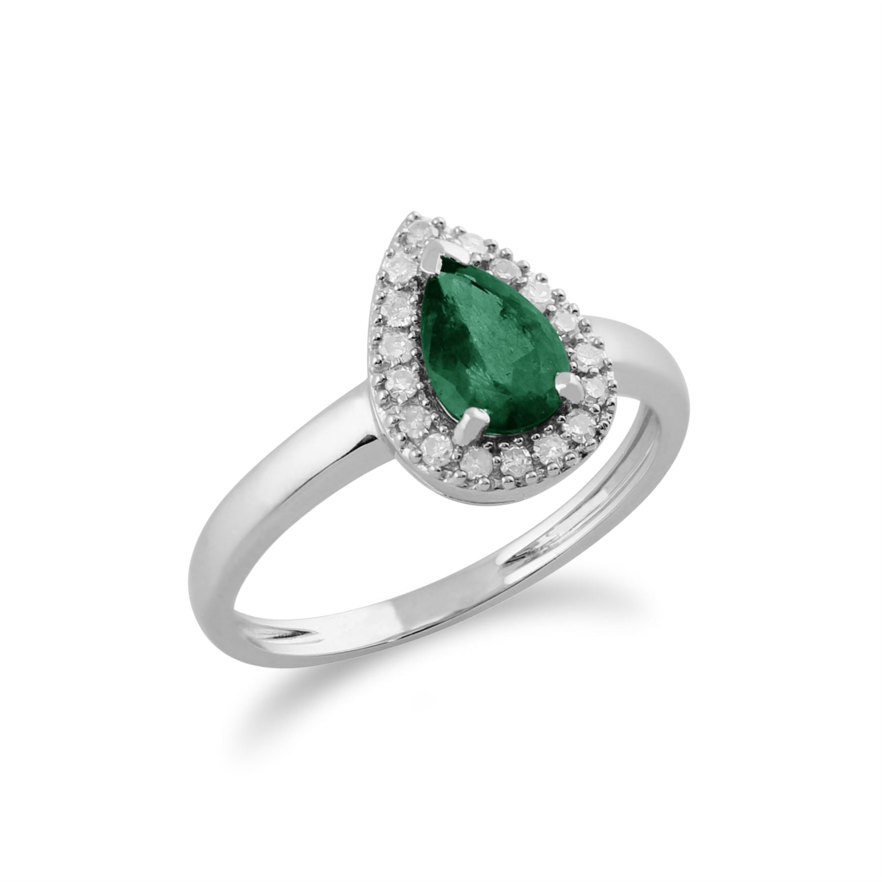 Anello classico in oro bianco 375 con smeraldo e pera con diamanti