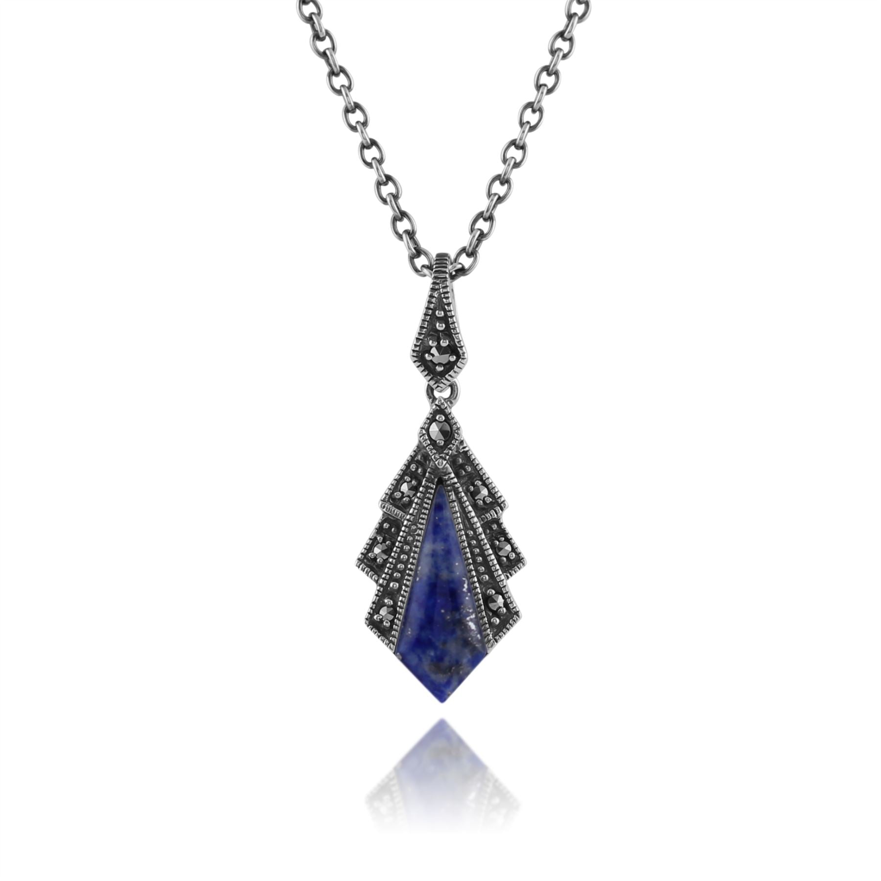 Ciondolo in stile Art Déco in argento 925 con lapislazzuli e marcasite