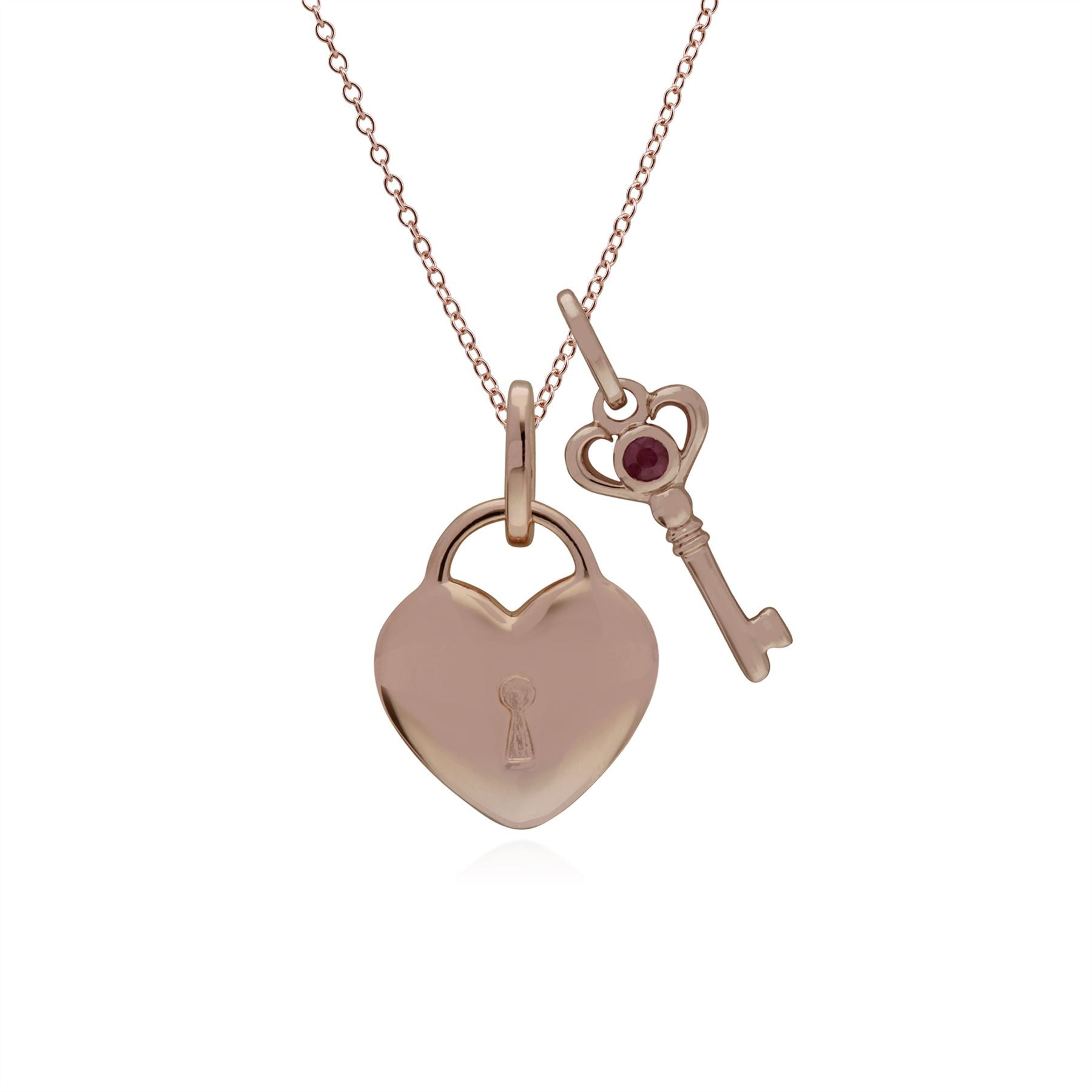 Ciondolo classico con lucchetto a cuore in argento 925 placcato oro rosa e ciondoli con chiave in rubino