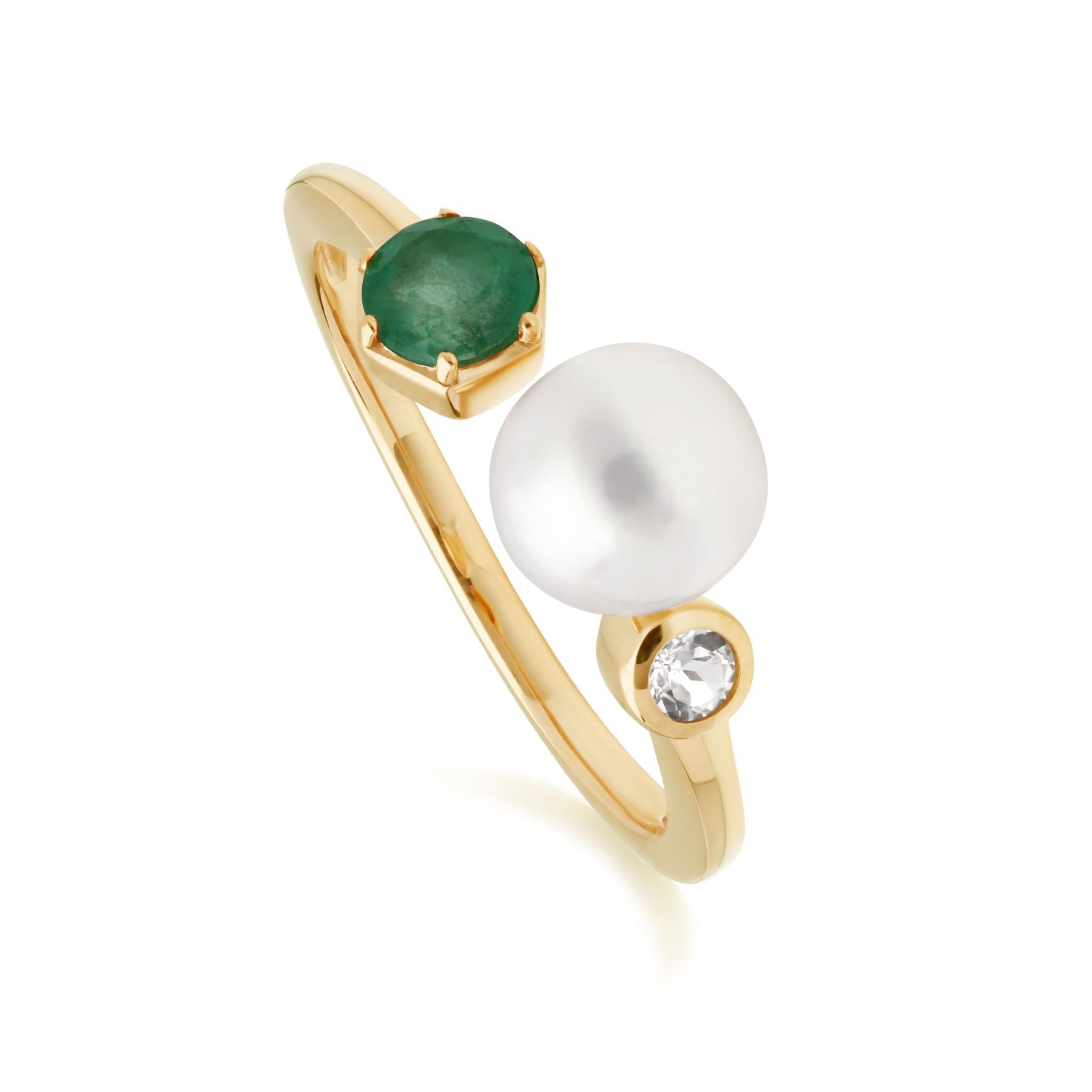 Anello Aperto Perla Moderna Argento 925 Placcato Oro Perla, Smeraldo e Topazio