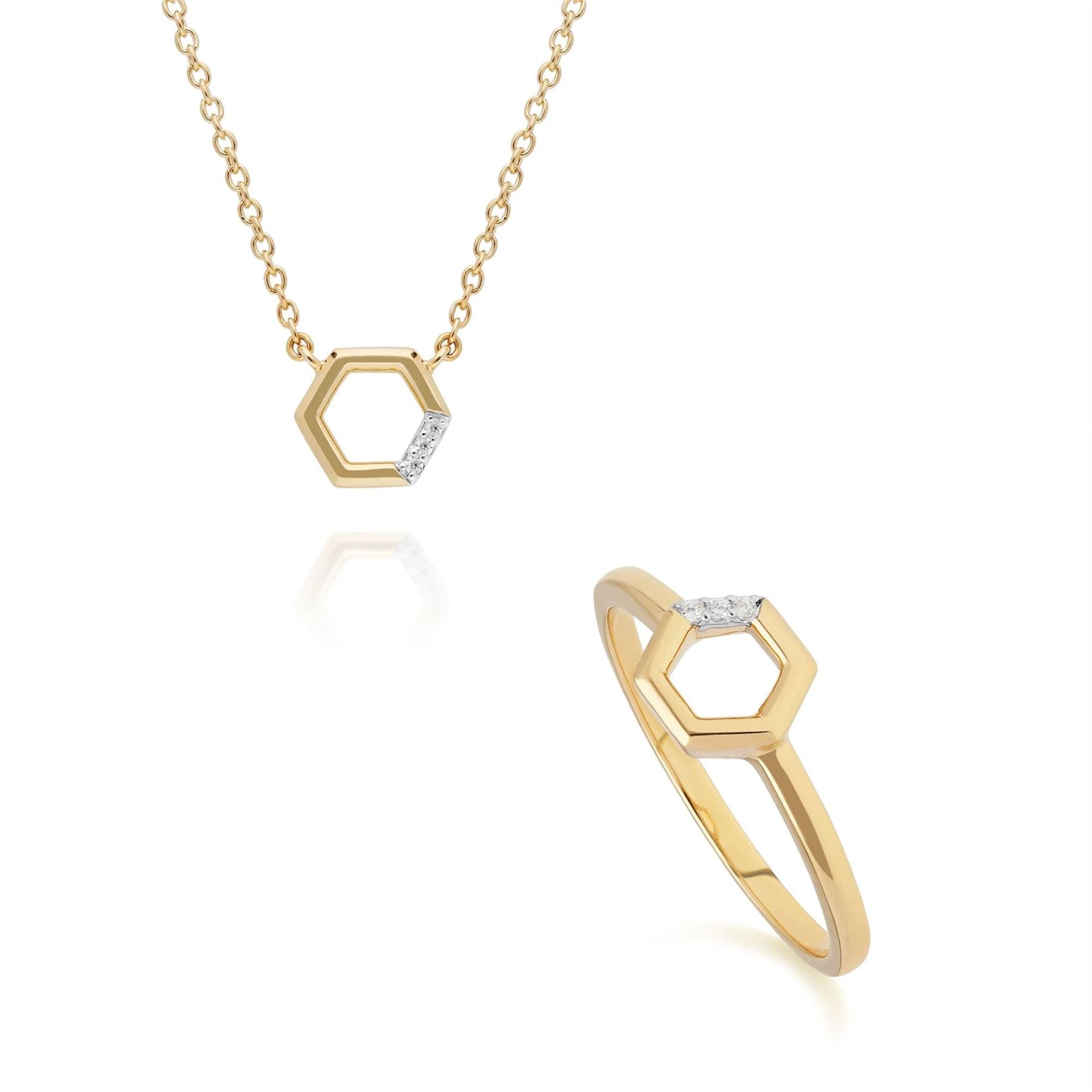 Anello e collana con pavé di diamanti in oro giallo 375 con diamante esagonale