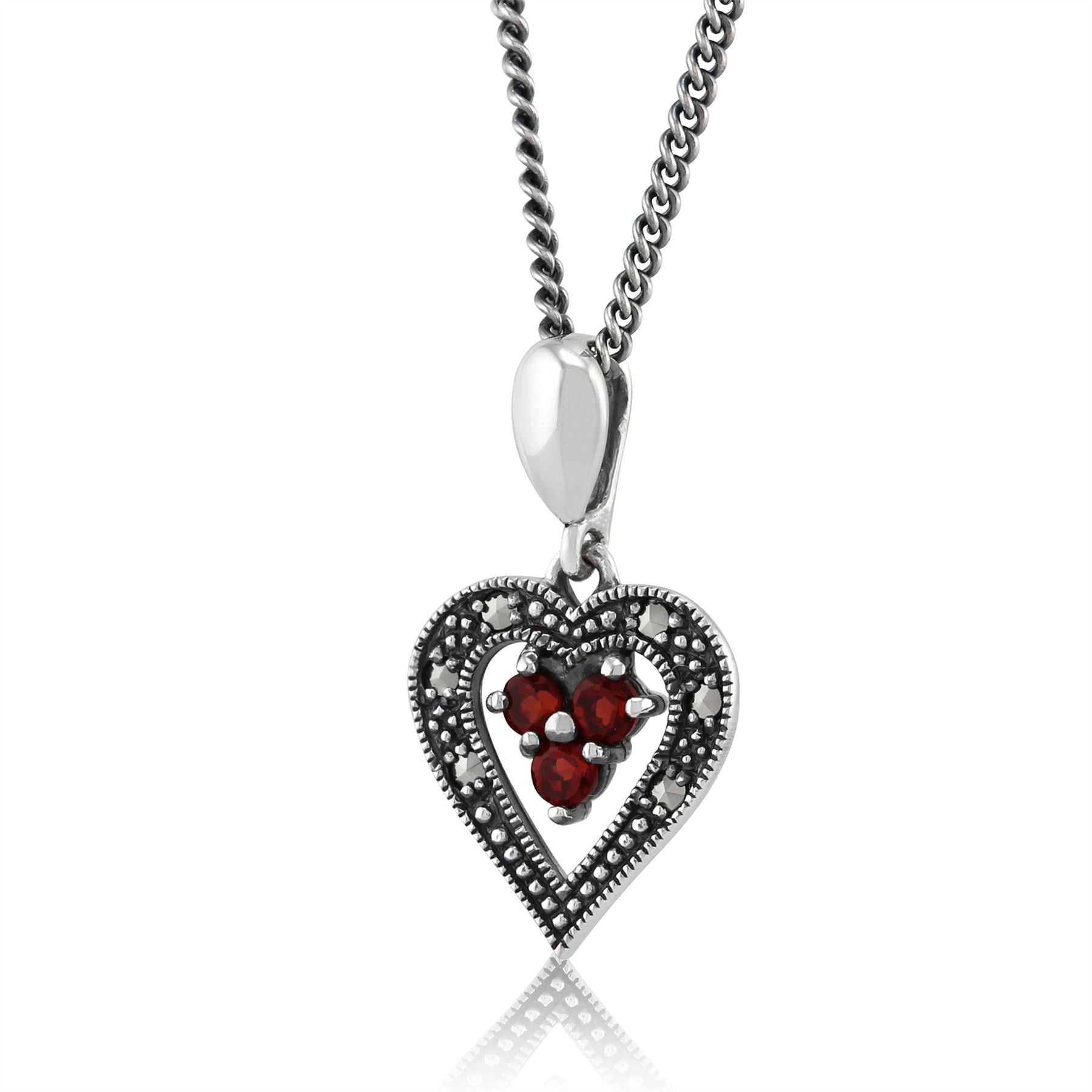 Ciondolo a cuore in stile Art Déco e orecchini pendenti in argento 925 con granato rotondo e marcasite