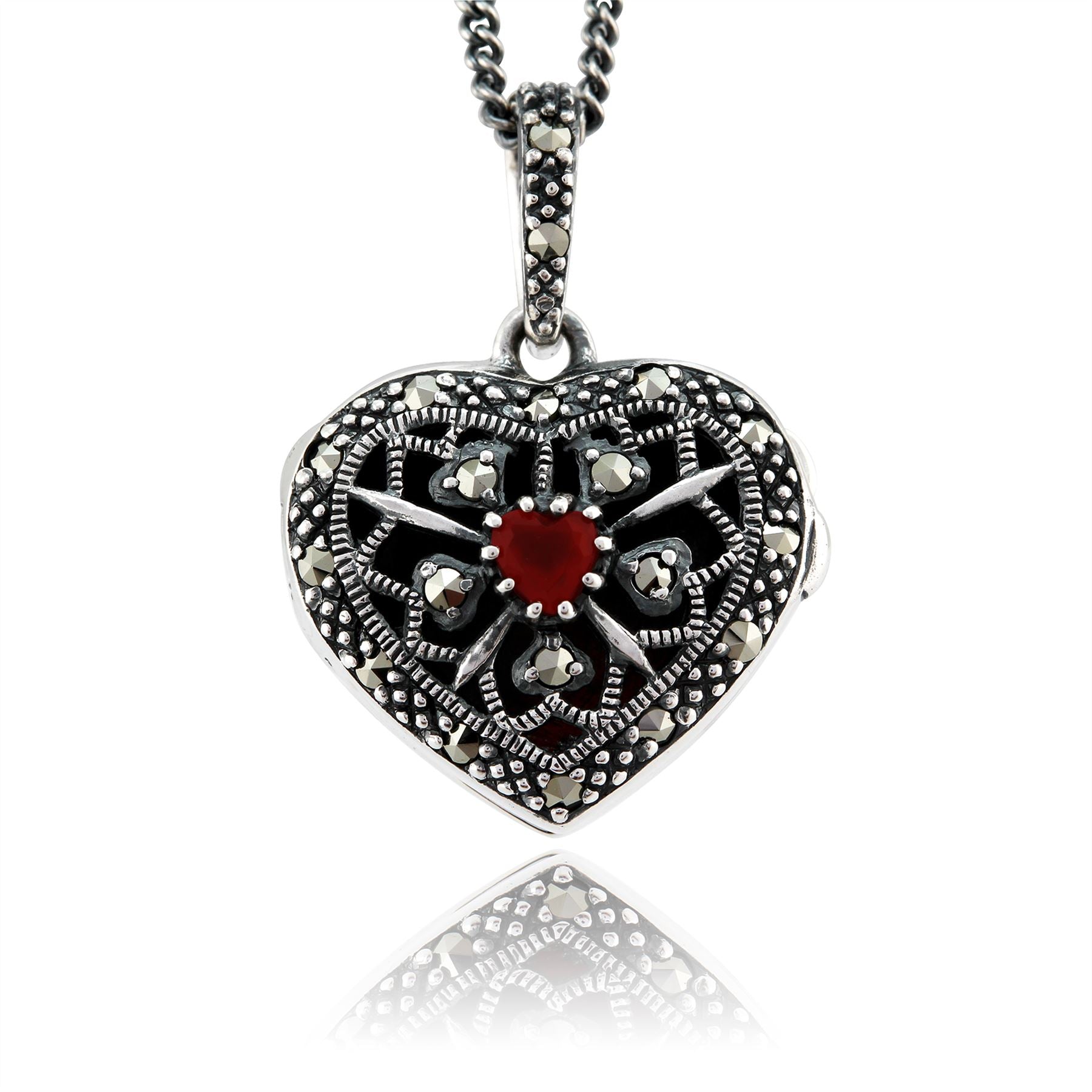 Ciondolo Portafoto Cuore Stile Art Nouveau Argento 925 Corniola e Marcasite