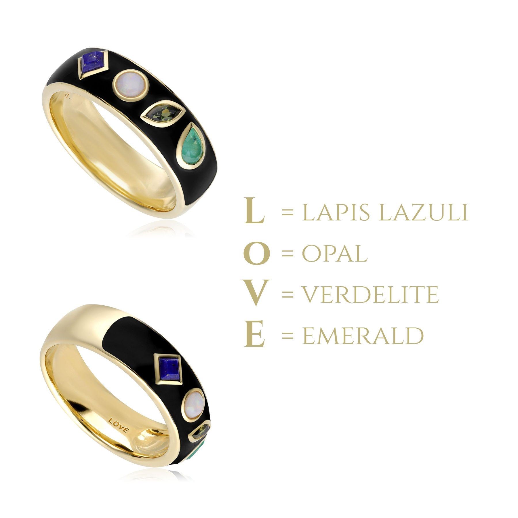 Bague Coded Whispers 'Love' Email Noire et Pierres Précieuses